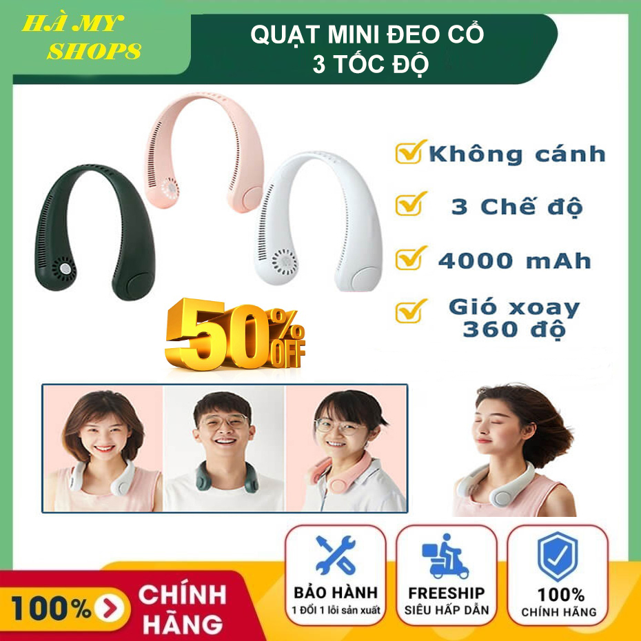 Quạt mini đeo cổ sạc tích điện 3 tốc độ siêu mát, Quạt điện mini, Quạt cầm tay, Quạt tích điện,..