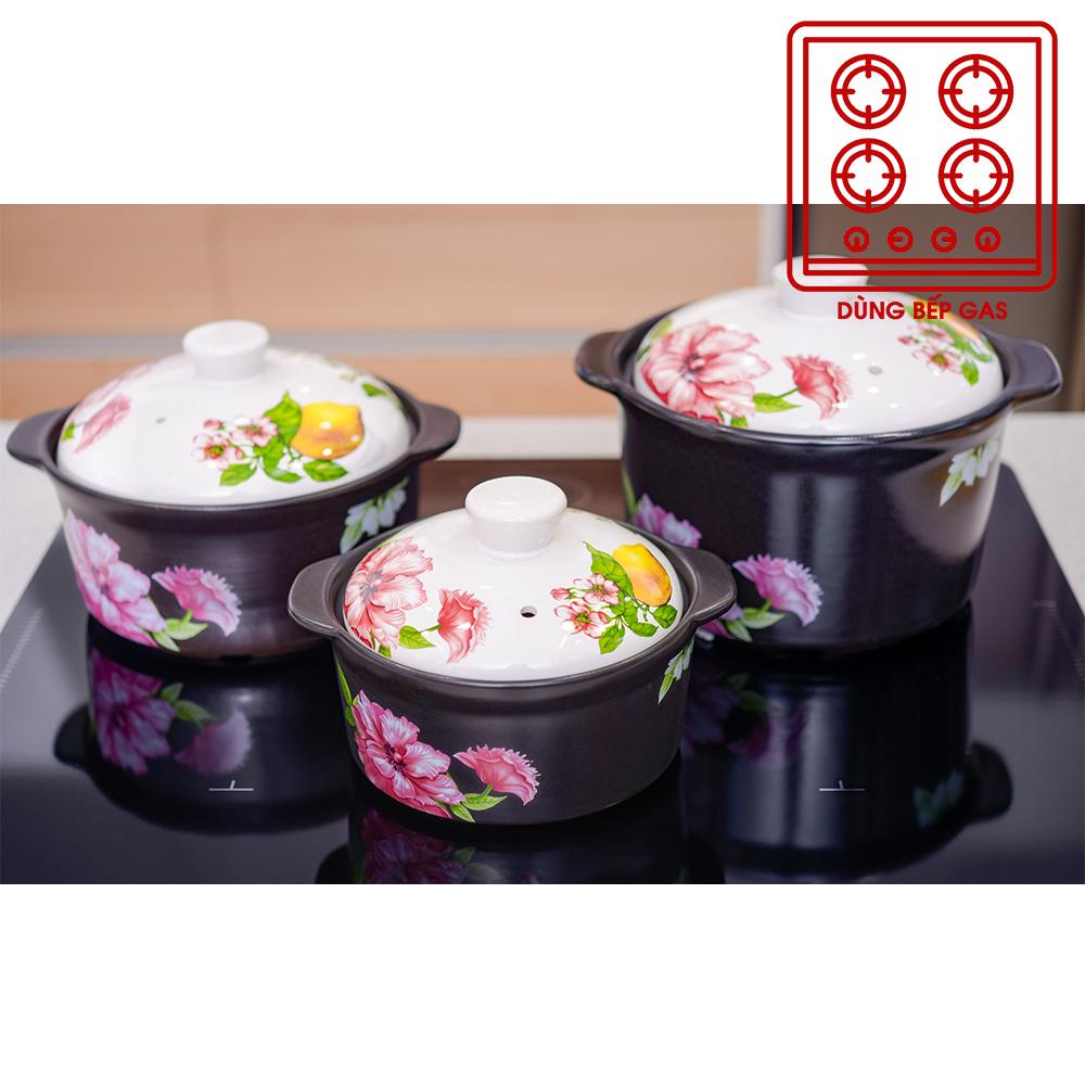 Bộ 3 nồi sứ royalcooks santa rosa 1.3l 2l & 3l – nắp trắng hoa