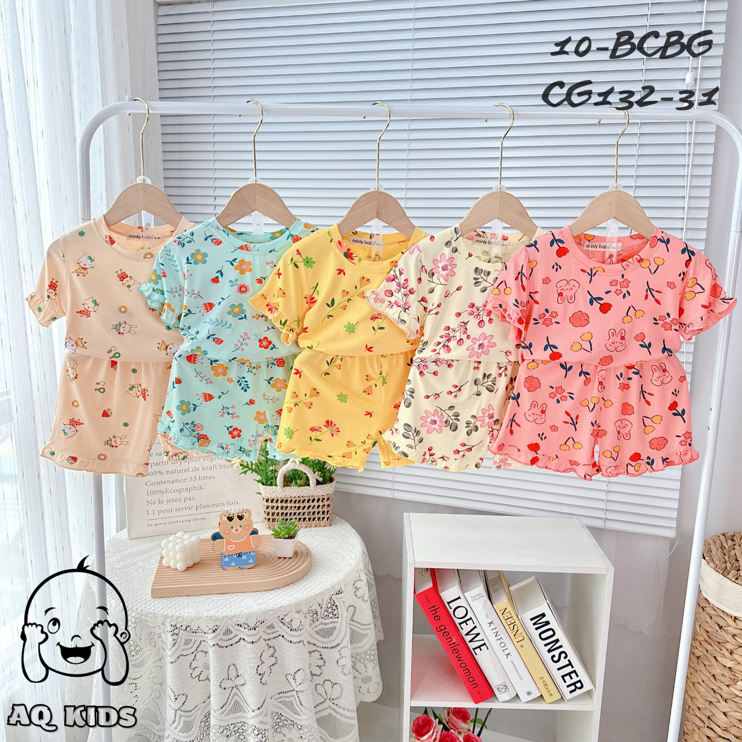 Quần áo đồ bộ trẻ em đồ bộ thun lạnh minky mom bé gái tay ngắn phối bèo em ruby