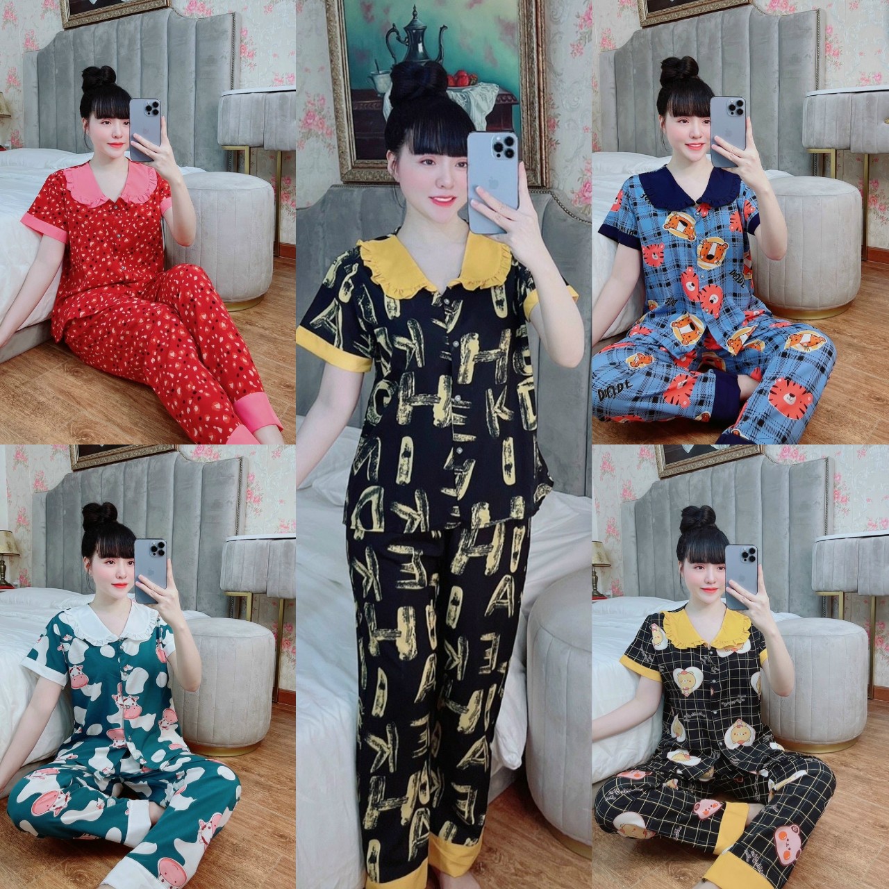 Pijama đẹp bộ đồ ngủ nữ dài lụa hàn có túi cute mặc nhà mùa hè thoải mái dễ thương giá rẻ