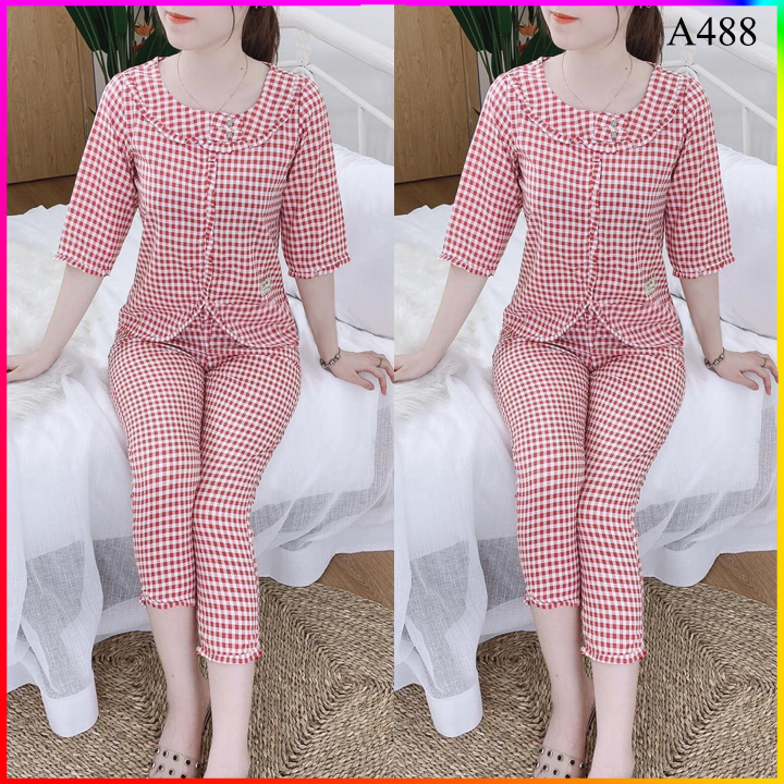 Đồ bộ mặc nhà, mặc sau sinh, mặc thu đông kẻ caro nhỏ 4 màu xanh-đen-hồng-đỏ