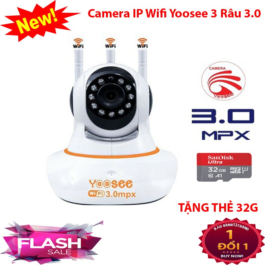 Camera Yoosee 3 Râu 3.0mpx Tiếng Việt Camera IP Wifi xoay 360 độ Camera hồng ngoại tích hợp ghi âm Lưu Trữ Tối Đa 30 Ngày Kết nối bằng app điện thoại Giám sát mọi lúc mọi nơi