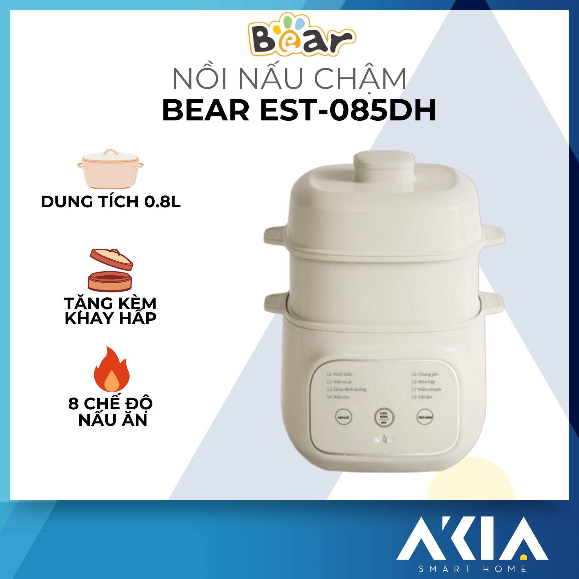 Nồi nấu chậm bear EST-085DH - Dung tích 800ml, Tặng kèm khay hấp, 8 chế độ nấu ăn - Bh 18 tháng