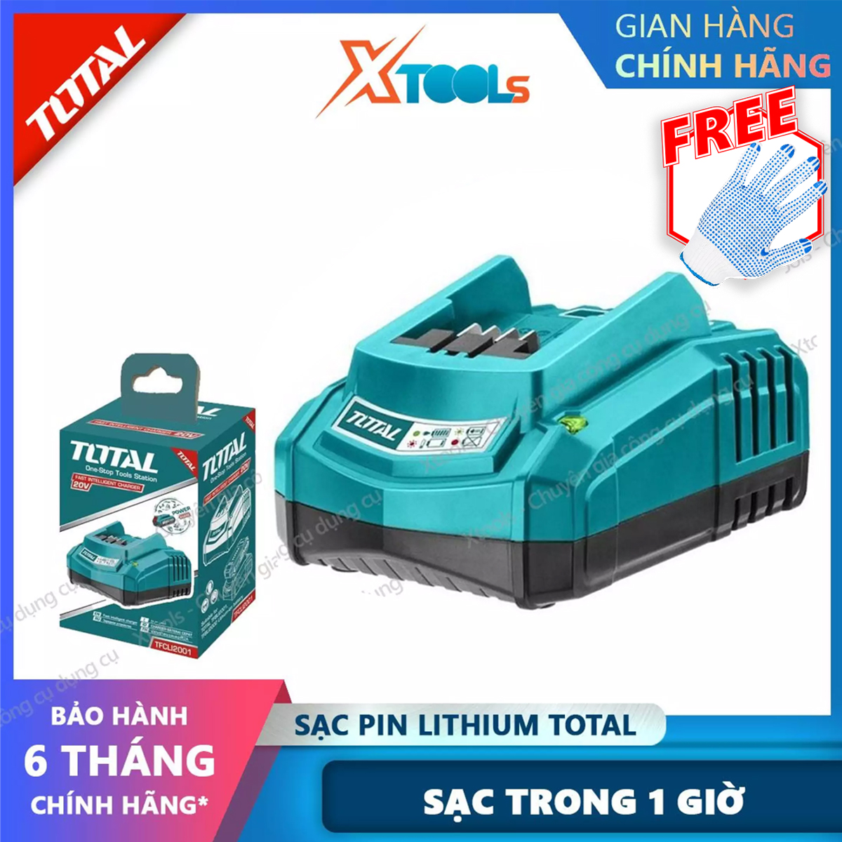 Bộ sạc pin nhanh Lithium 20V TOTAL TFCLI2001 Sạc pin 20V dòng điện 2.0A/1h dùng được cả pin TOTAL, INGCO, WADFOWXTOOLs