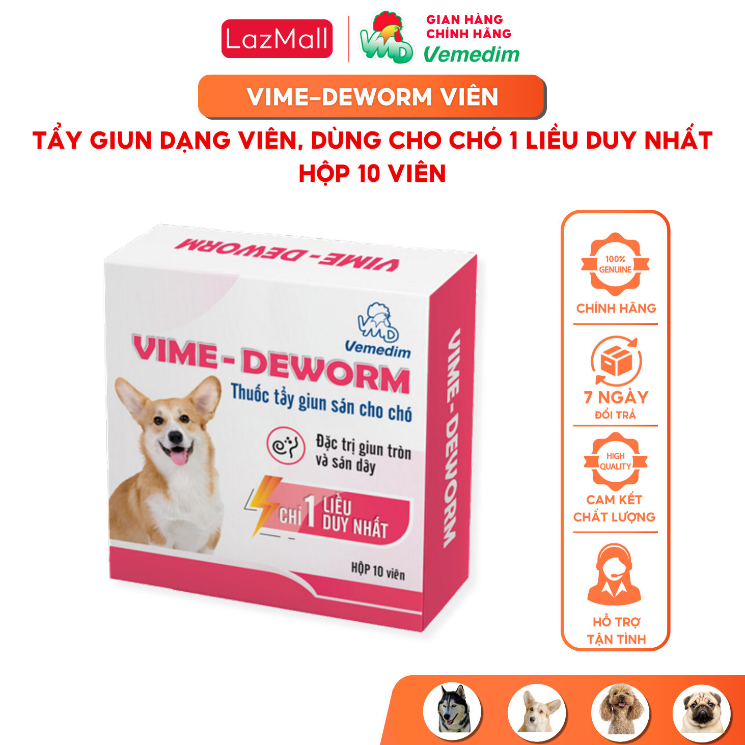 Vemedim Vime-Deworm tẩy giun sán cho chó, uống 1 liều duy nhất, hộp 10 viên