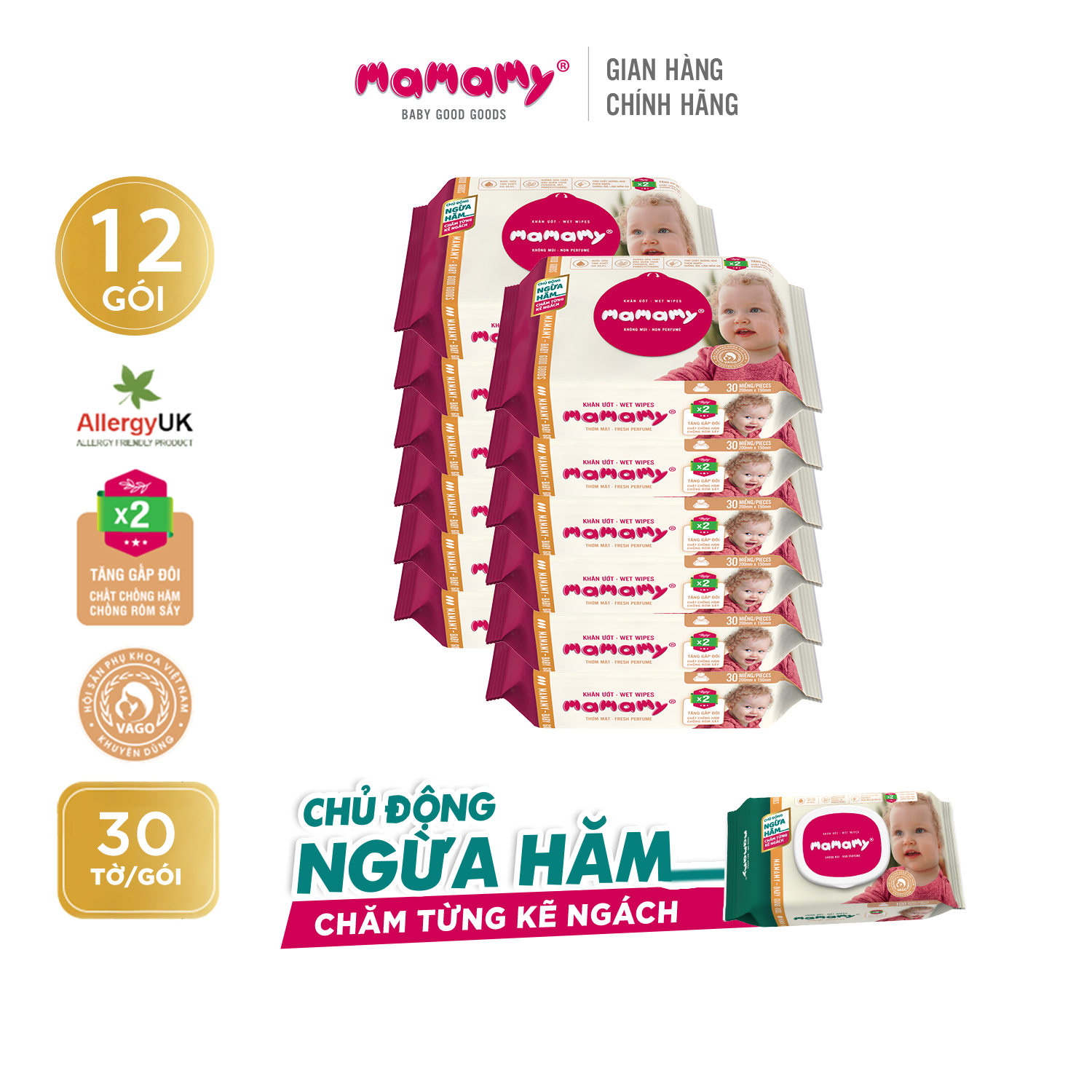 Combo 12 Khăn ướt 30 tờ chủ động ngừa hăm/x2 chất ngừa hăm Mamamy Không mùi/Mùi dịu nhẹ an toàn cho bé