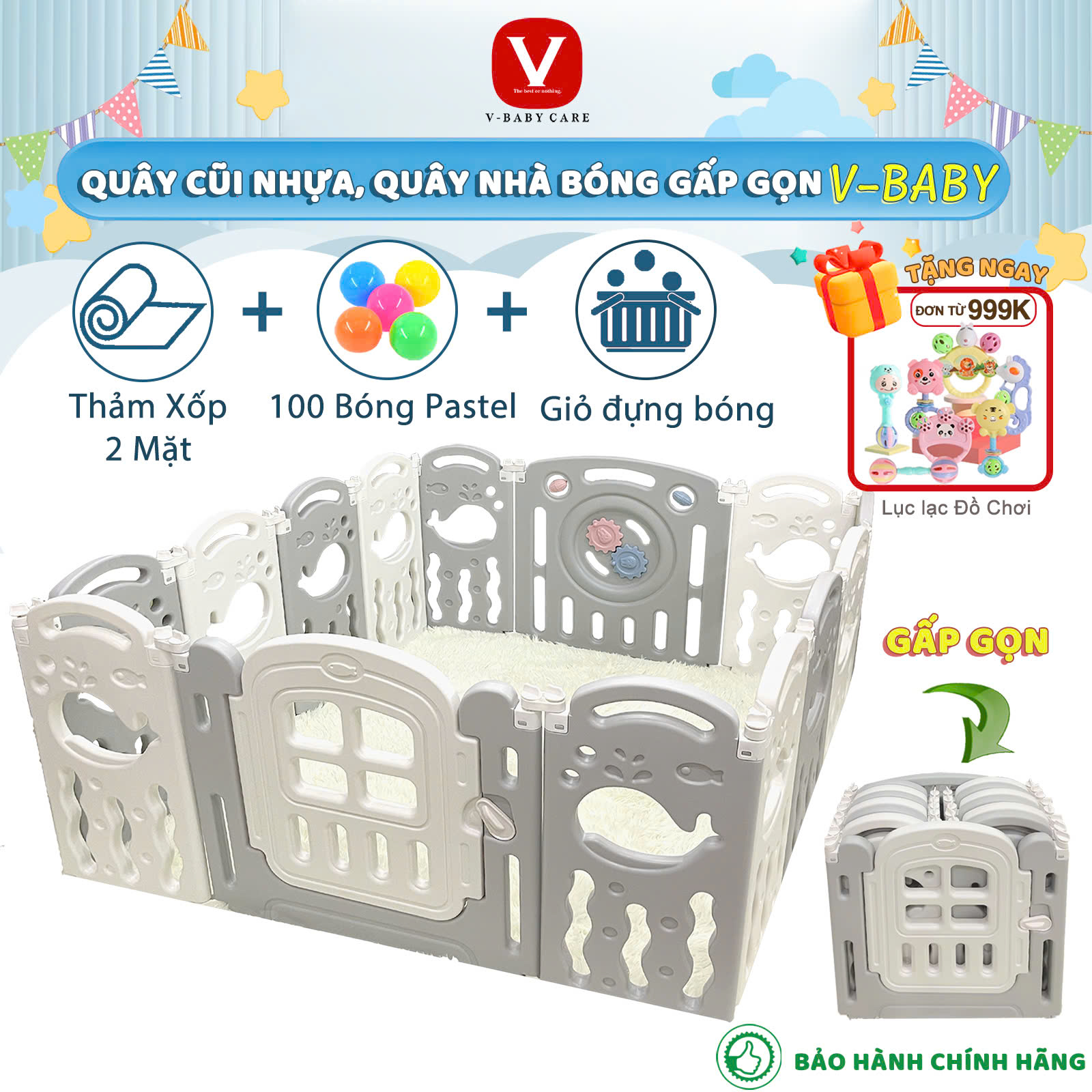 Quây Cũi Gấp Gọn Mẫu Mới 2025 - Chất Liệu Nhựa Nguyên Sinh Cao Cấp (Tặng Bóng + 1 Thảm Hai Mặt + Giỏ Đựng Bóng)