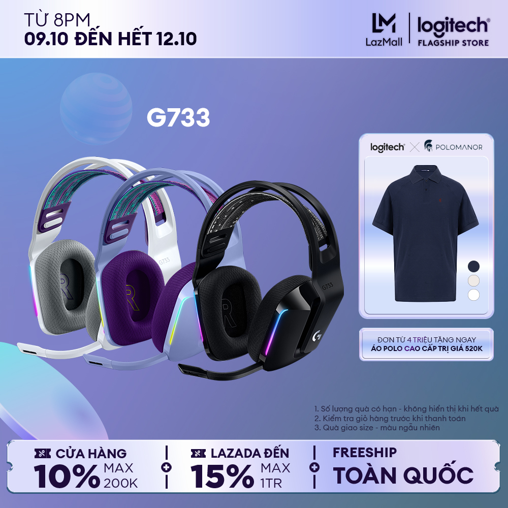 Tai nghe game không dây Lightspeed Logitech G733 - Headband tùy chỉnh, RGB Lightsync, màn loa Pro-G, Mic Blue Voice