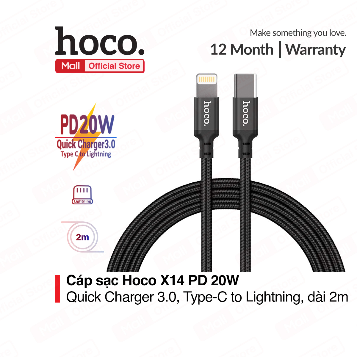 Cáp sạc Hoco X14 PD 20W Type-C to Lightning  Quick Charger 3.0 dây bọc dù chống đứt gãy gập dành cho iPhone/iPad dài 1m/2m/3m