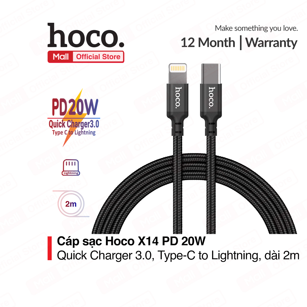Cáp sạc Hoco X14 PD 20W Type-C to Lightning Quick Charger 3.0 dây bọc dù chống đứt gãy gập dành cho iPhone/iPad dài 1m/2m/3m