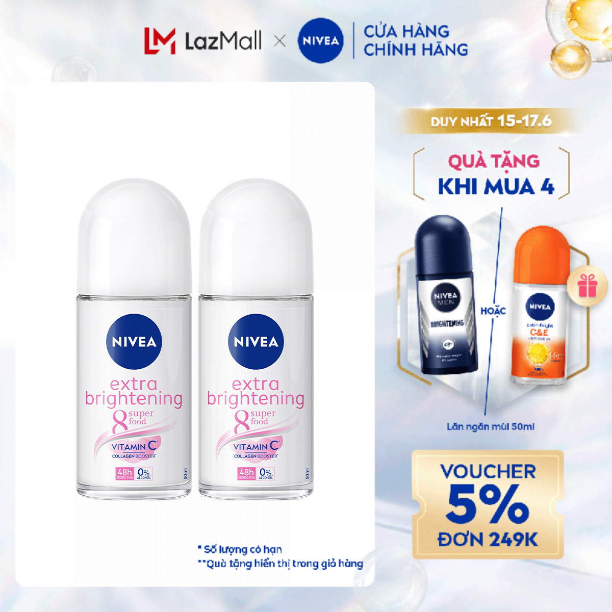 Chỉ 15.6 Mua 4 combo tặng 1 lăn C&E 50ml Bộ 2 Lăn Ngăn Mùi NIVEA Extra Brightening Dưỡng Trắng Mờ Thâm Vitamin C 83747