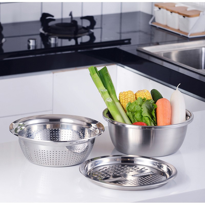 Bộ rổ inox kèm nạo rau củ 3 chi tiết- dụng cụ bào nạo kèm chậu 9in1 bộ rổ chậu kèm nạo đa năng tiện lợi-bộ rổ inox kèm nạo rau củ tiện dụng - dụng cụ cắt gọt rau quả thông minh