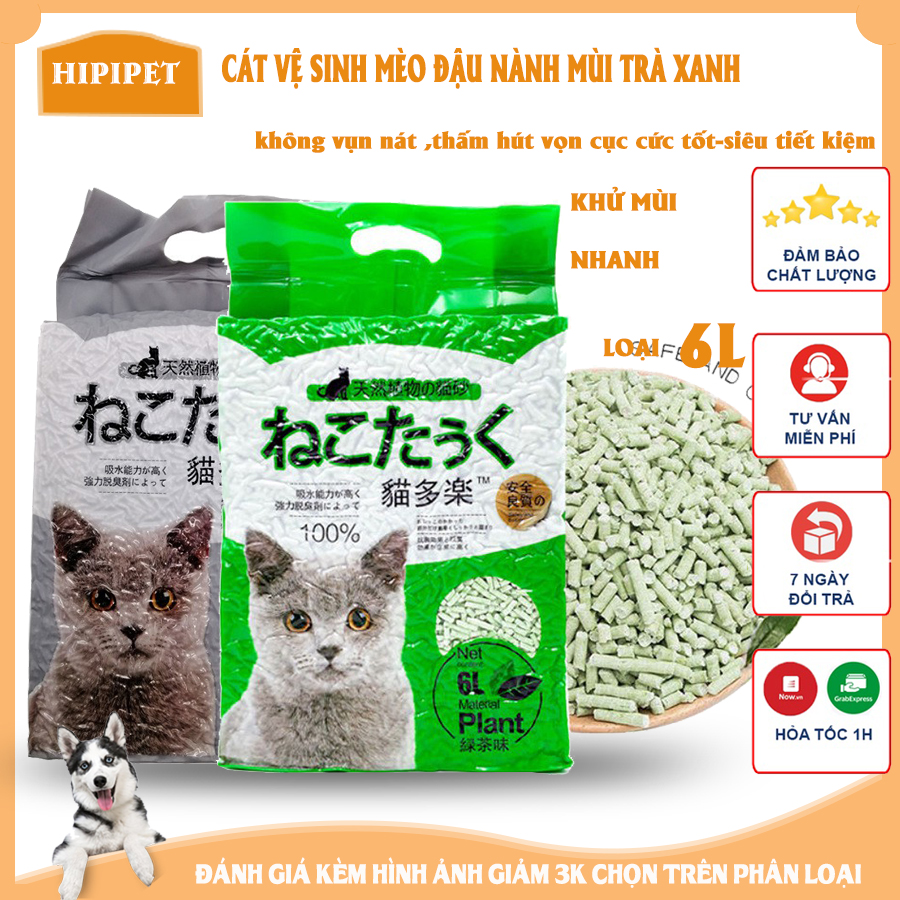 (Hàng nhập) Cát vệ sinh mèo đậu nành mùi Trà xanh , than hoạt tính loại 6L