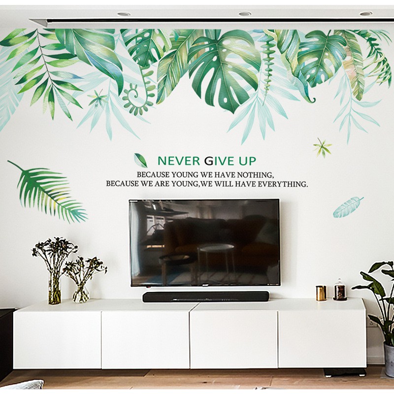 Decal dán tường phong cách hàn quốc nhiệt đới tán lá xanh never give up - tranh dán tường giấy dán tường hàn quốc họa tiêt tán lá xanh