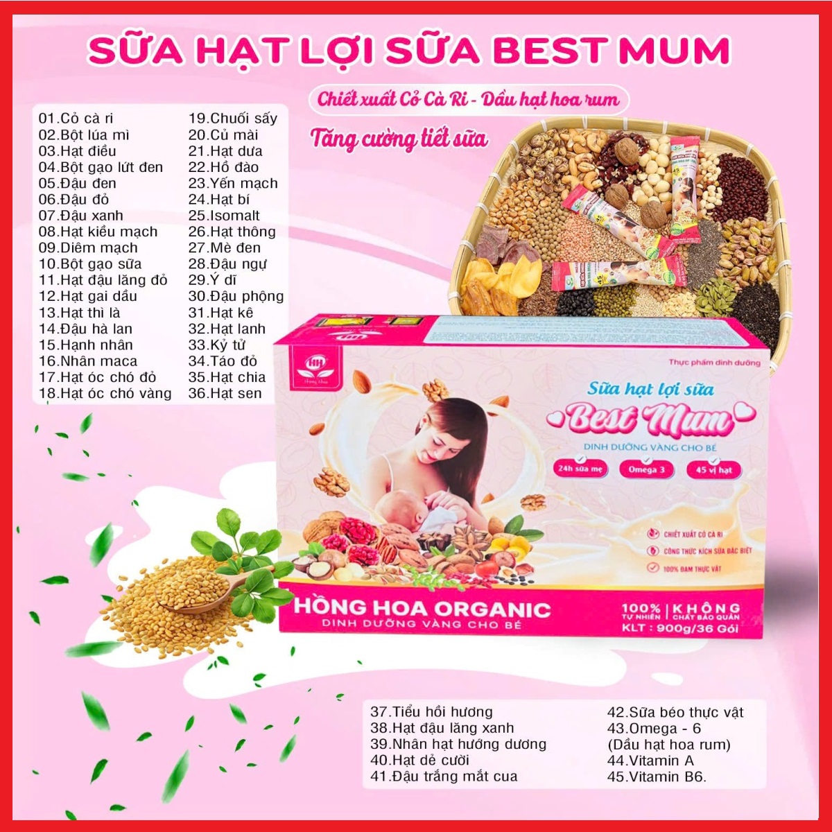 Sữa hạt lợi sữa Best Mum Hồng Hoa Organic – gọi Sữa, tăng tiết Sữa sau sinh, kích thích tuyến sữa phát triển và tăng lượng sữa vượt trội sau 24h