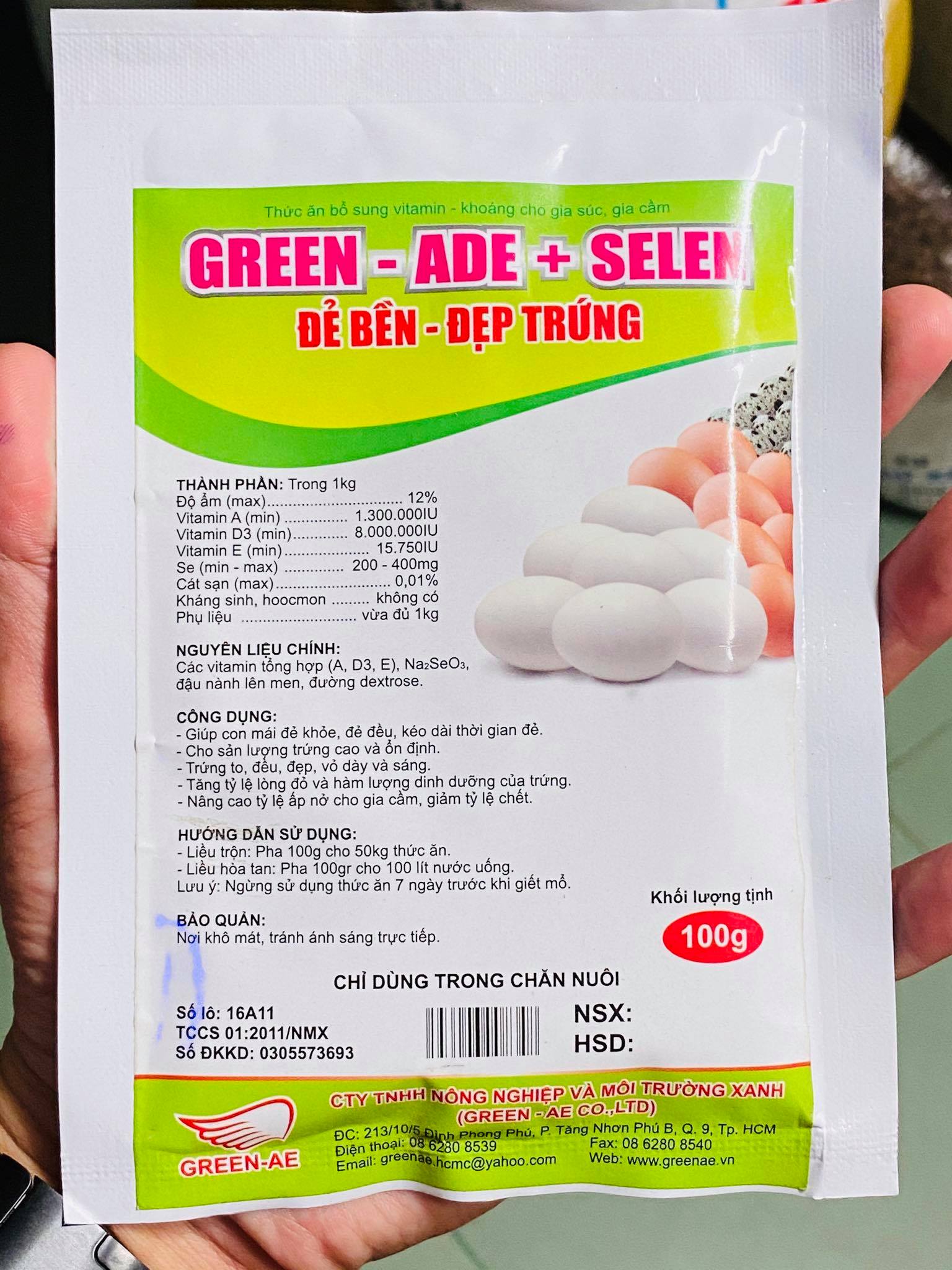 Green ADE + SELEN thuốc gà đá mái kích cồ, tăng trứng 100G