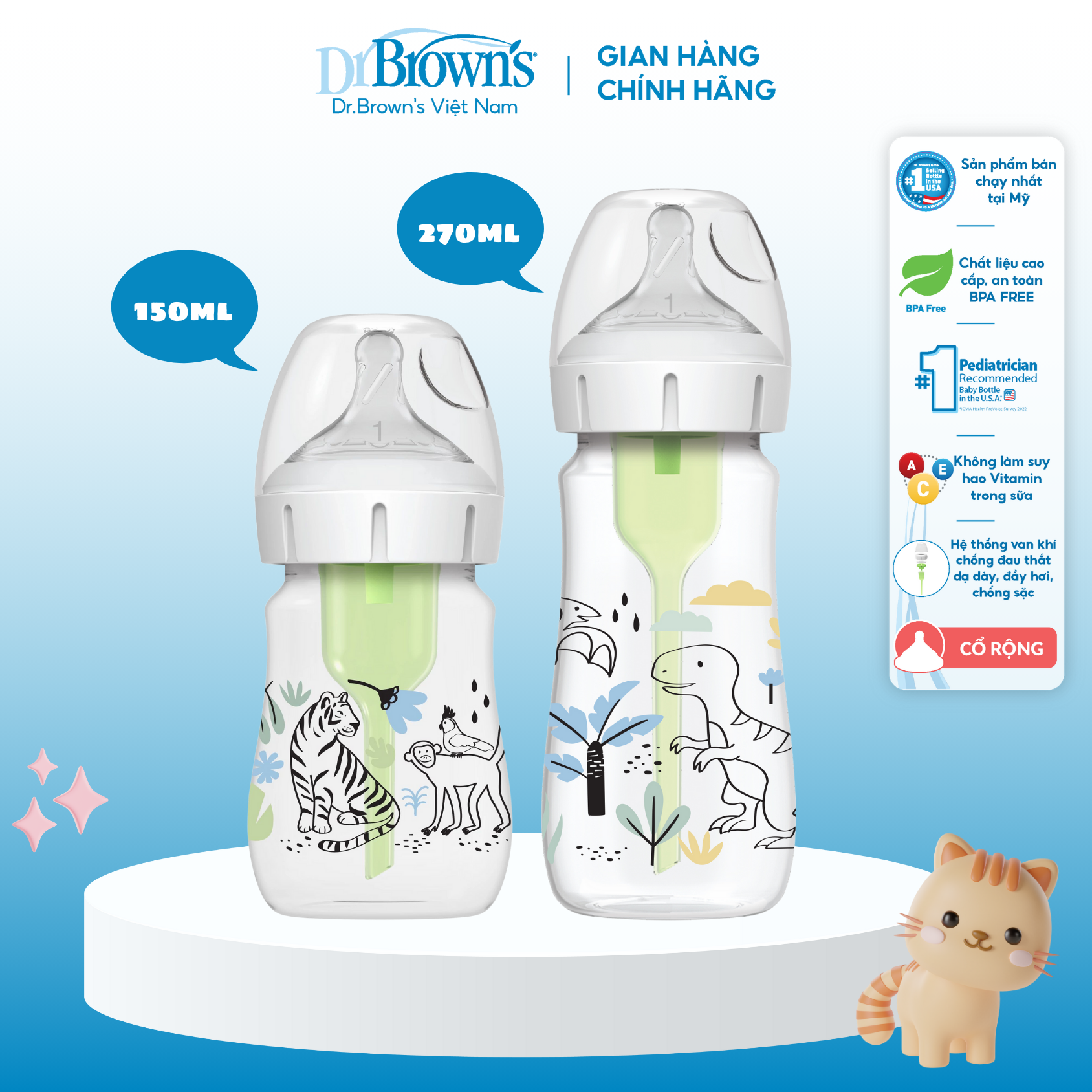 Bình sữa dr brown's "option plus" cổ rộng 150ml và 270ml nhựa pp tq in hoạ tiết