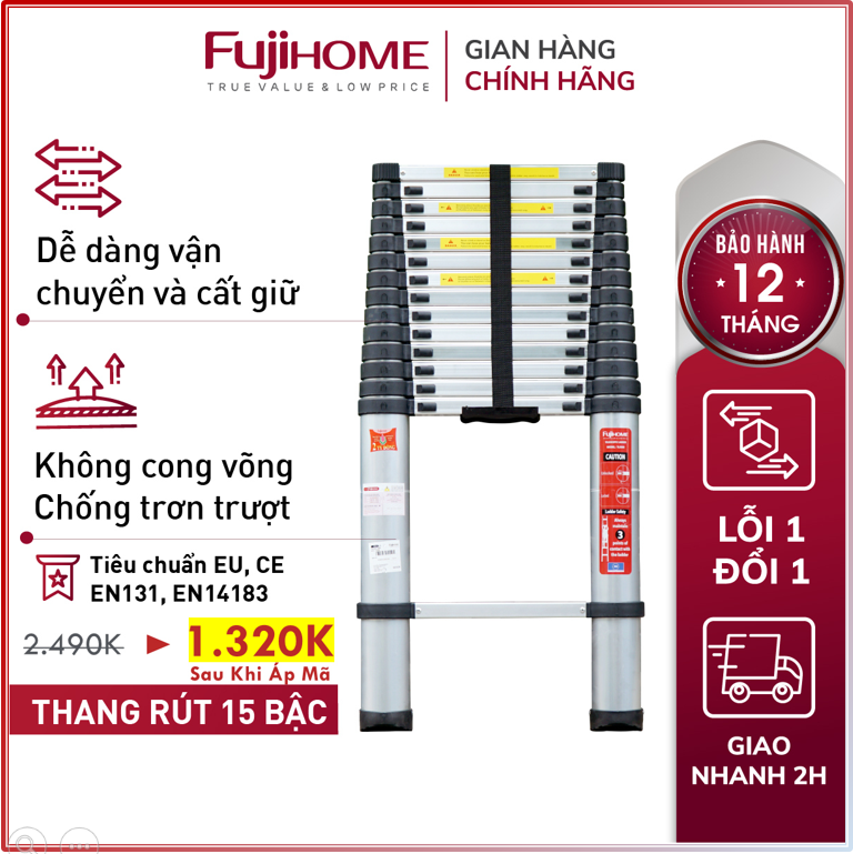 Thang nhôm rút đơn Nhập Khẩu 38M - 5M gấp gọn chính hãng FUJIHOME thang rút xếp gọn gia đình đa năng