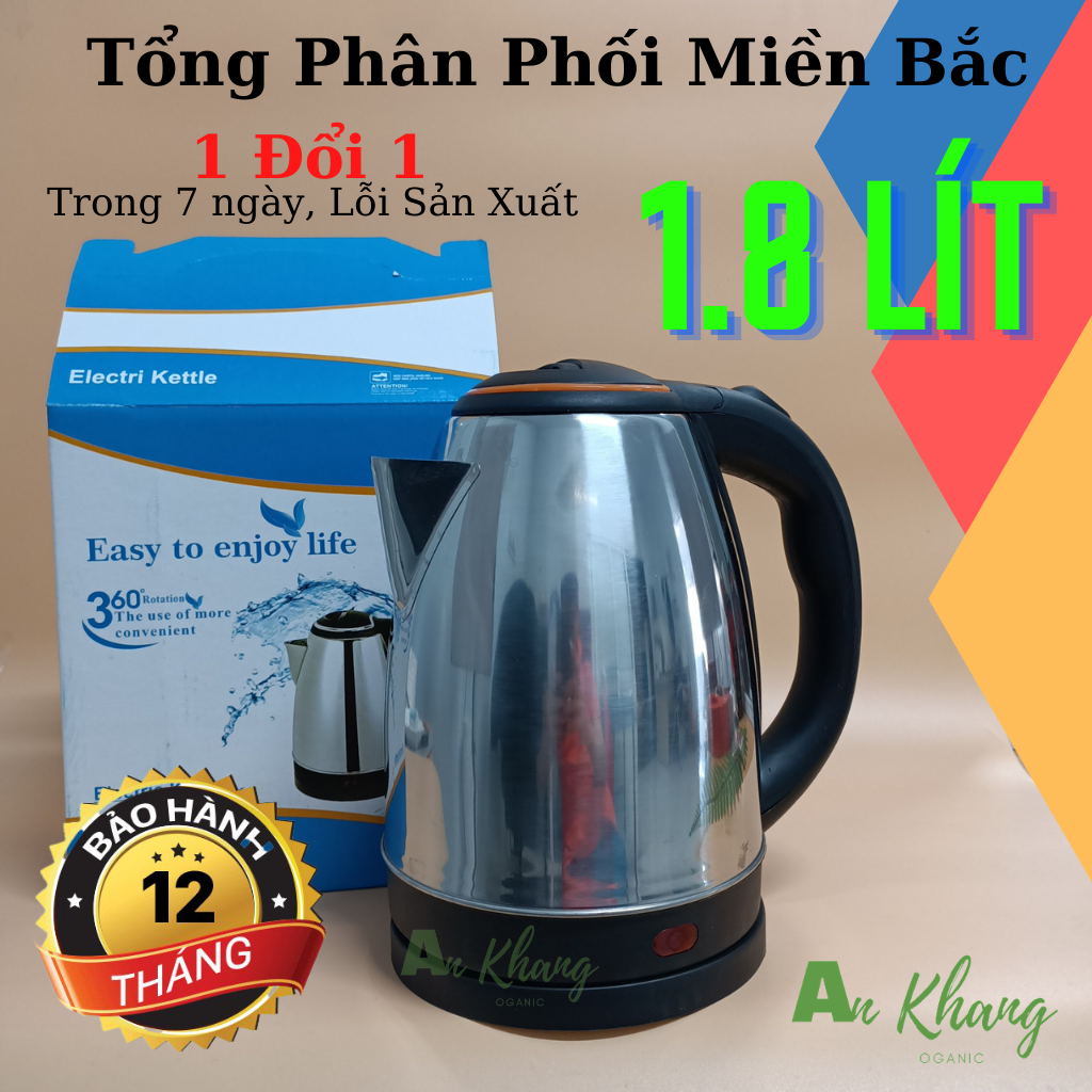 Ấm đun nước electri kettel- ấm siêu tốc đun nước mini inox 1.8l- bình siêu tốc tự ngắt-giá rẻ- bảo hành 12 tháng
