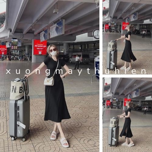 Váy body xẻ tà cộc tay màu đen Đầm nữ dáng suông che khuyết điểm style Ulzzang xuongmaythuhien