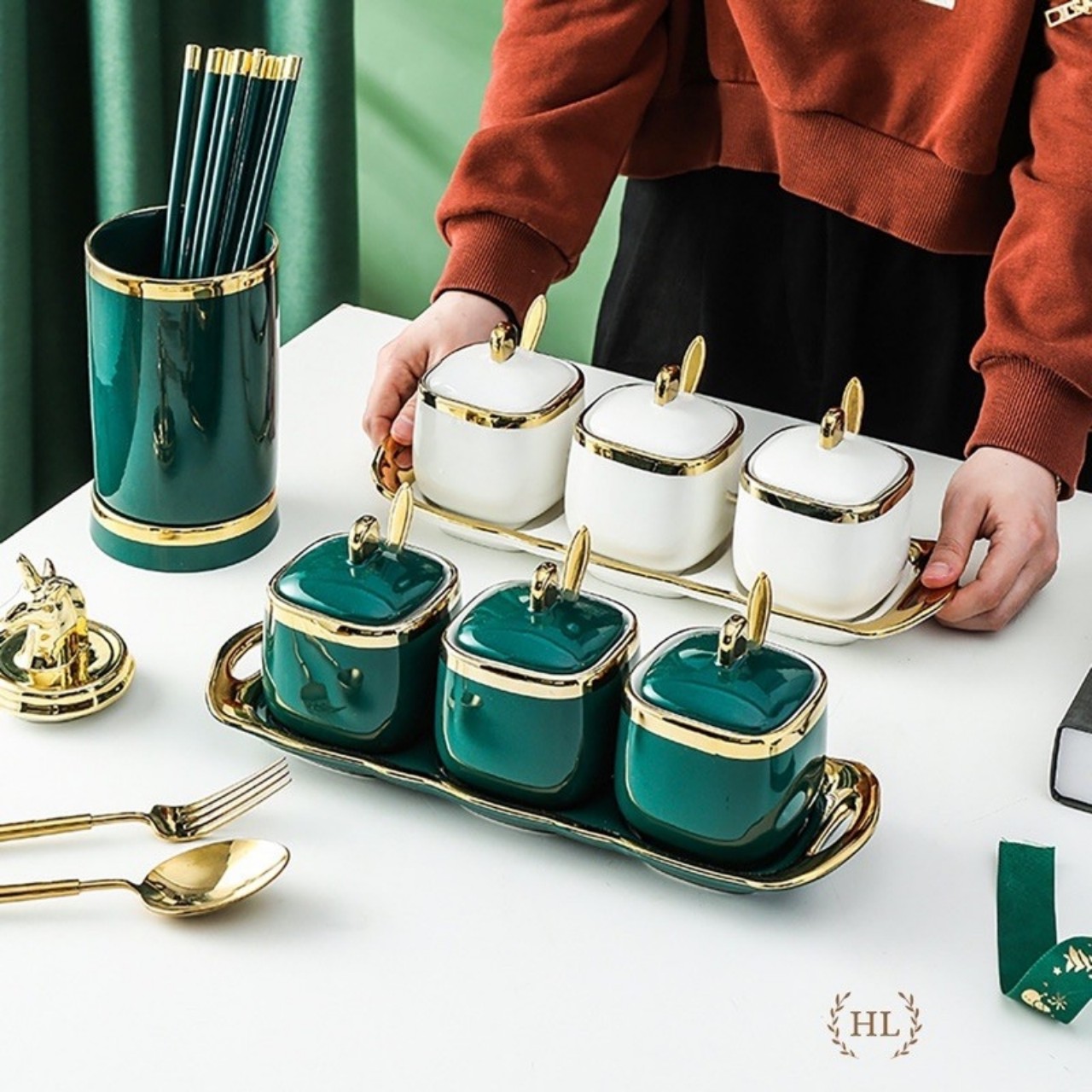 Set 3 hũ đựng gia vị sứ TRẮNG, XANH CỔ VỊT cao cấp!!!