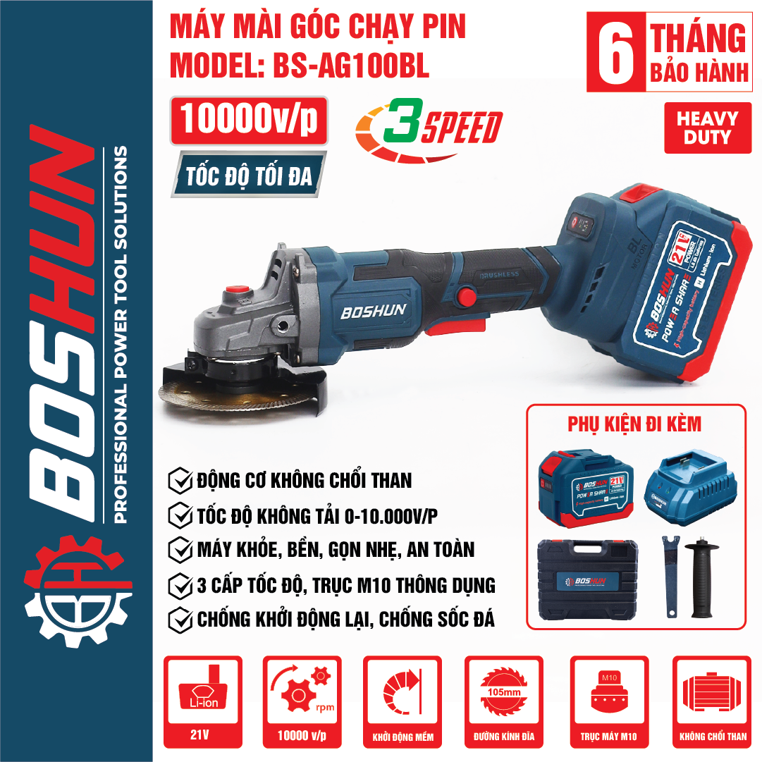 Máy mài, máy cắt dùng pin Boshun BS-AG100BL pin 15 cell, Chân pin phổ thông, Chuyên mài góc, cắt sắt, cắt gỗ, gạch
