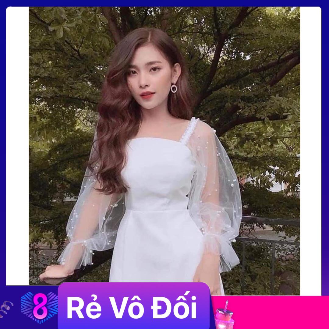 Đầm suông đi tiệc phối lưới tay dài đính ngọc chất umi freesize 2 màu đen trắng