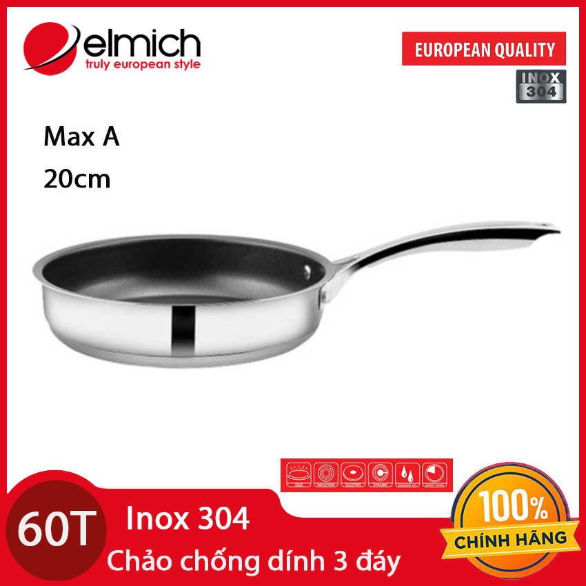 Chảo Inox chống dính 3 đáy Elmich MaxA EL3760/EL3761 đường kính miệng 16/20cm dùng bếp từ - Hàng chính hãng, bảo hành 5 năm