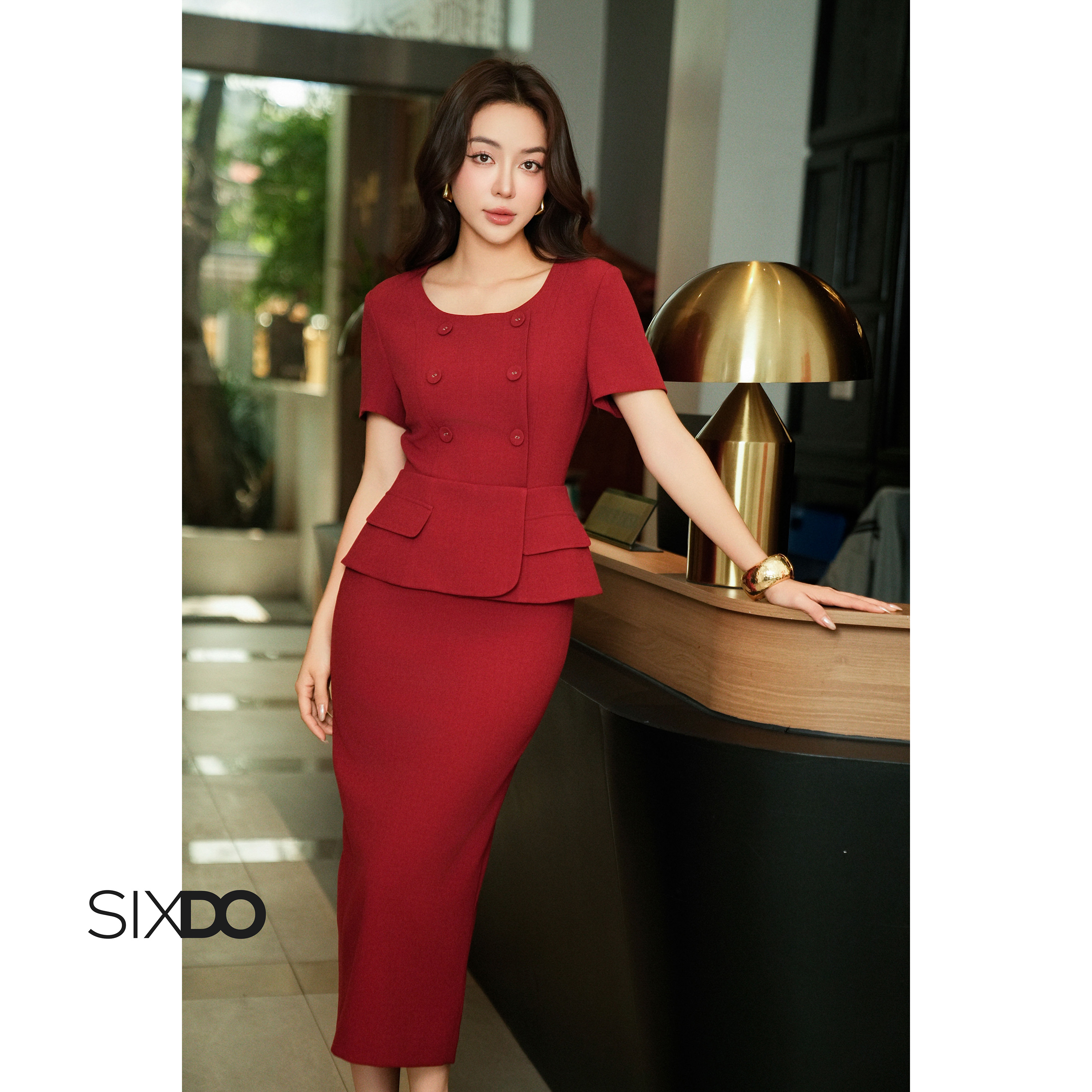  Đầm peplum dáng bút chỉ cổ tròn ngắn tay đính khuy SIXDO  Woven Pencil Dress  