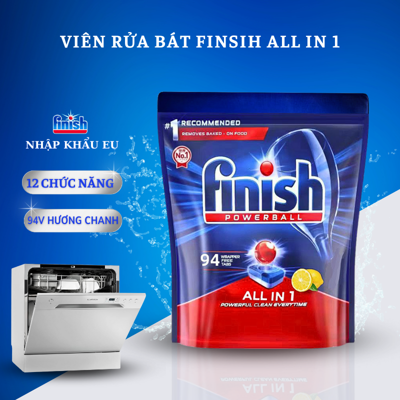 Viên rửa bát Finish All in 1 hương chanh 94 viên 10 chức năng nhập khẩu chính hãng dùng cho mọi dòng máy rửa chén bát