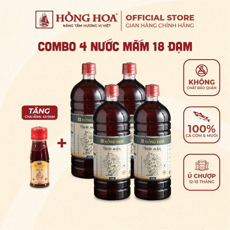 4 chai nước mắm phú quốc hồng hoa 18 độ đạm 1 lít, nước mắm nhĩ cá cơm truyền thống