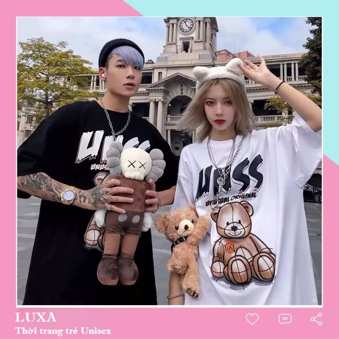 Áo thun tay lỡ unisex nam nữ GẤU UNSS, Áo phông Unisex nữ form rộng mặc cặp, nhóm phong cách Ulzzang