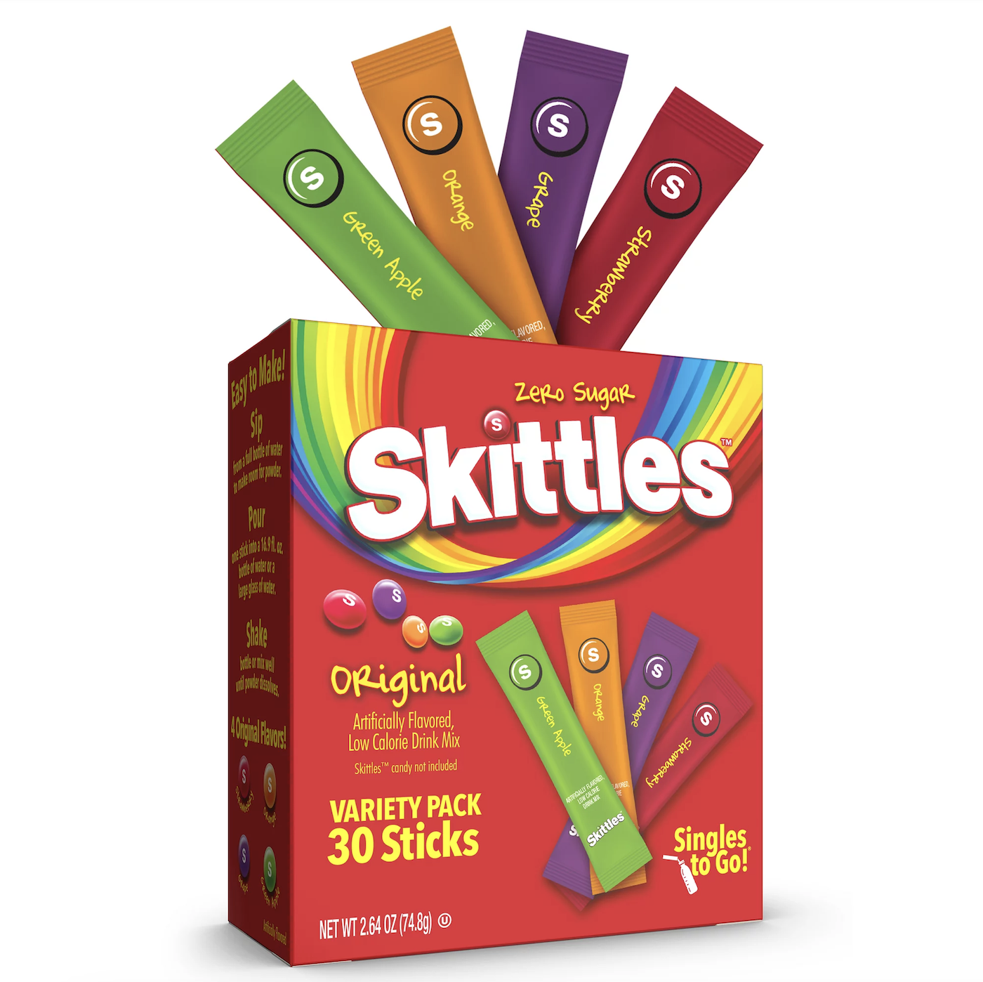 HỘP 30 GÓI BỘT PHA NƯỚC TRÁI CÂY Skittles Zero Sugar Variety Pack Singles-to-Go Powdered Drink Mix, KHÔNG ĐƯỜNG - CAFFEINE - BÉO - LOW CALORIE, 86g