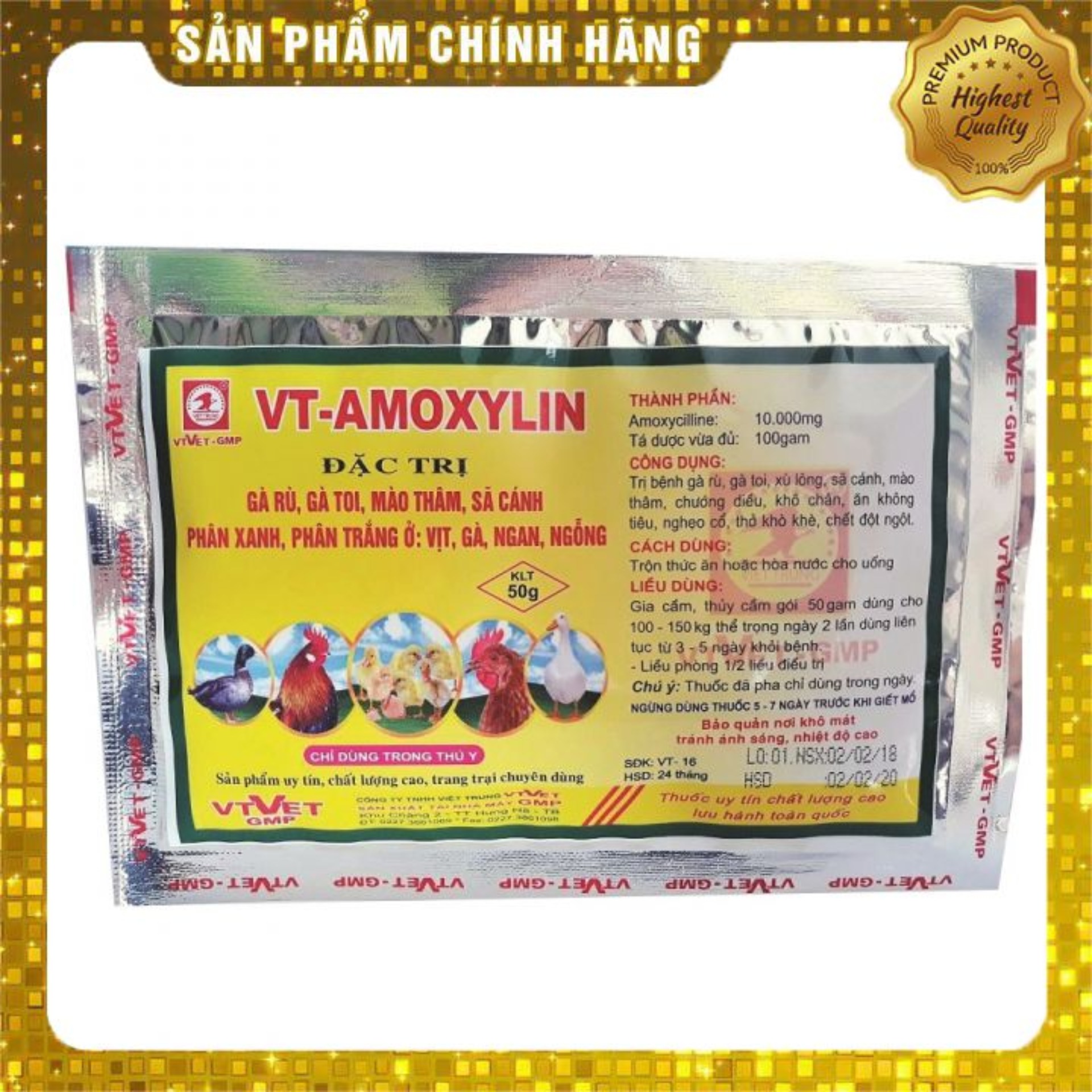 Đặc trị gà rù, gà toi, mào thâm, sã cánh, phân xanh, phân trắng ở: vịt, gà, ngan, ngỗng Thuốc VT-AMOXYLIN ( 50g)