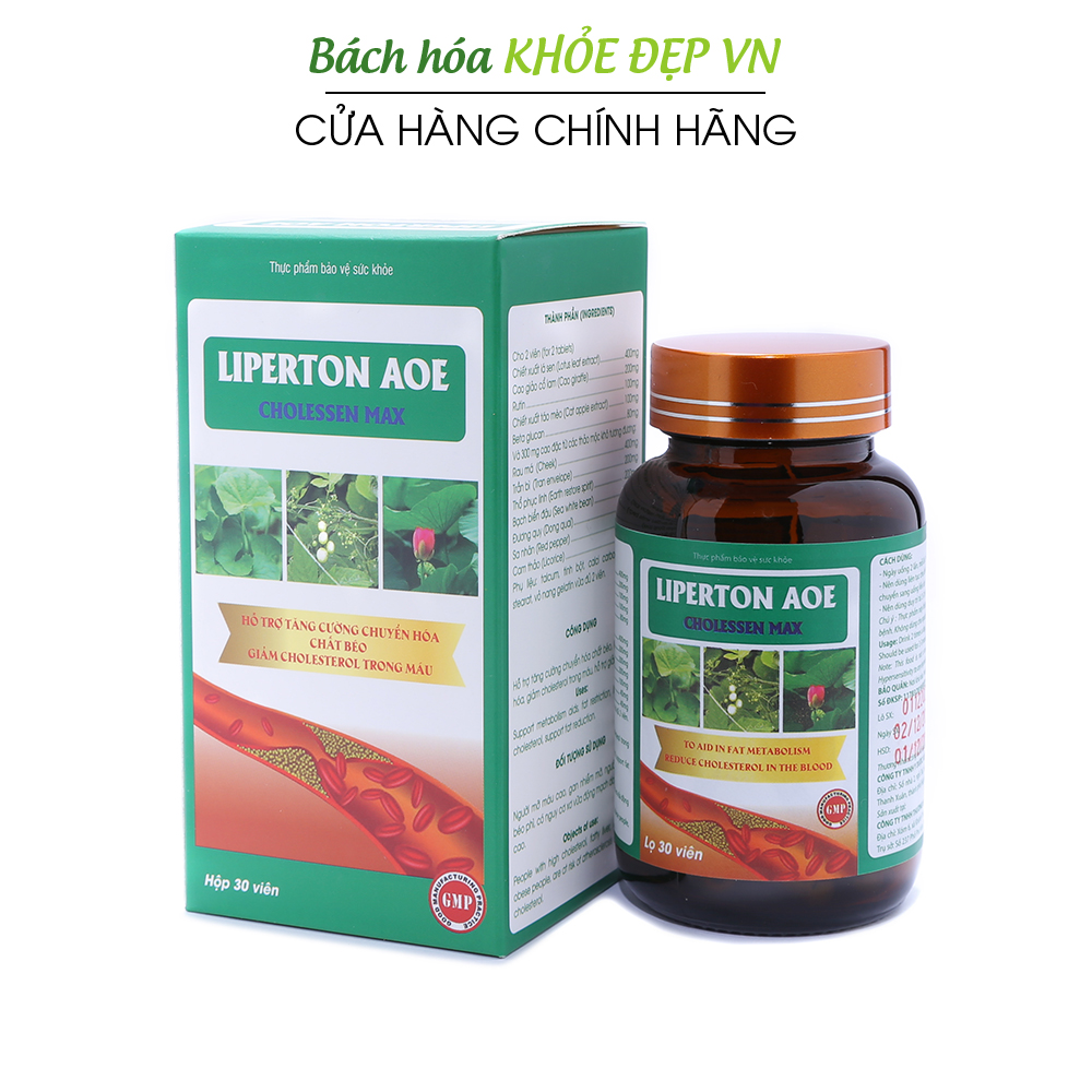 Liperton AOE giảm mỡ máu, hỗ trợ giảm béo, giảm cholesterol trong máu - Chai 30 viên