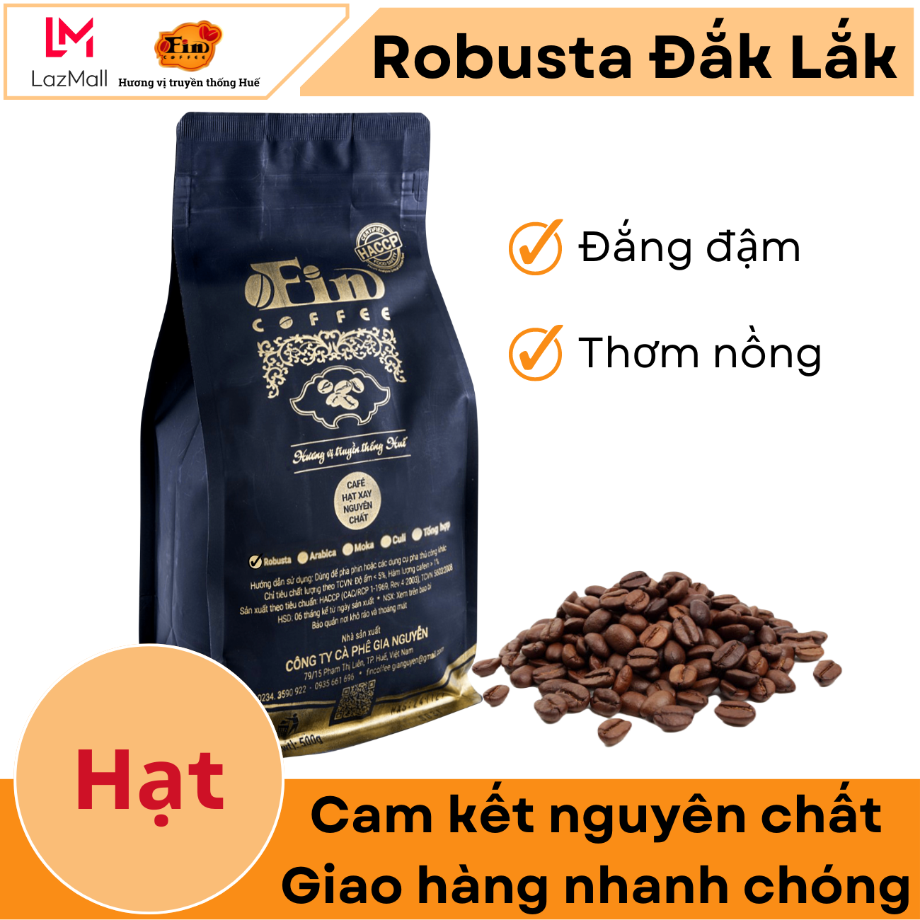 Cà phê Hạt Robusta Đắk Lắk - FIN COFFEE - cà phê nguyên chất 100%, vị đắng đậm, thơm nồng đặc trưng của cà phê nguyên chất.