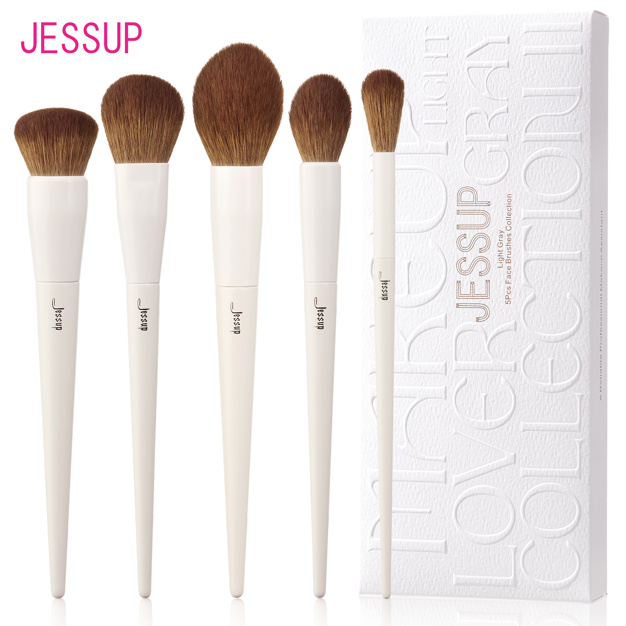 Jessup Mặt Cọ Bộ 5 Cọ Trang Điểm Vegan Foundation Má Hồng Bronzer Cọ Đường Viền Lông Tơ Thiết Lập Phấn, màu Xám Nhạt T493