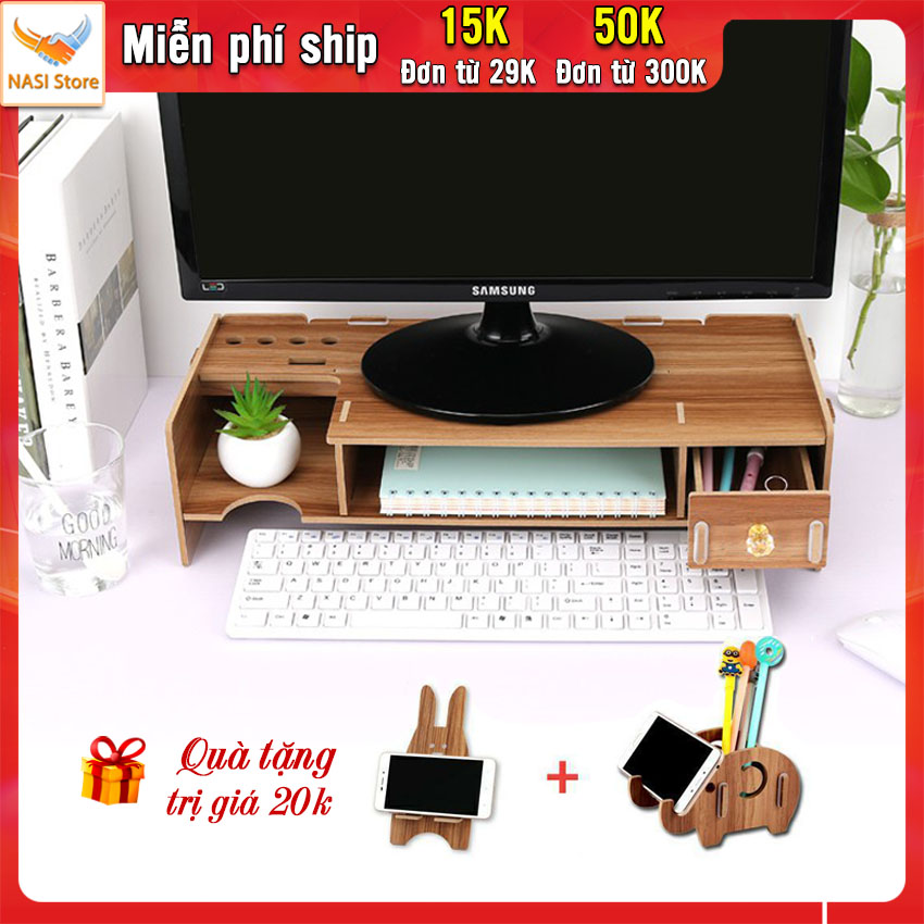 Kệ để máy tính đa năng KM01 tặng kèm 02 giá đỡ điện thoại, hộp đựng bút kệ màn hình máy tính bằng gỗ cứng chắc phù hợp với mọi màn hình kệ máy tính để bàn có hộc cất bàn phím, ngăn kéo, hộc để tài liệu