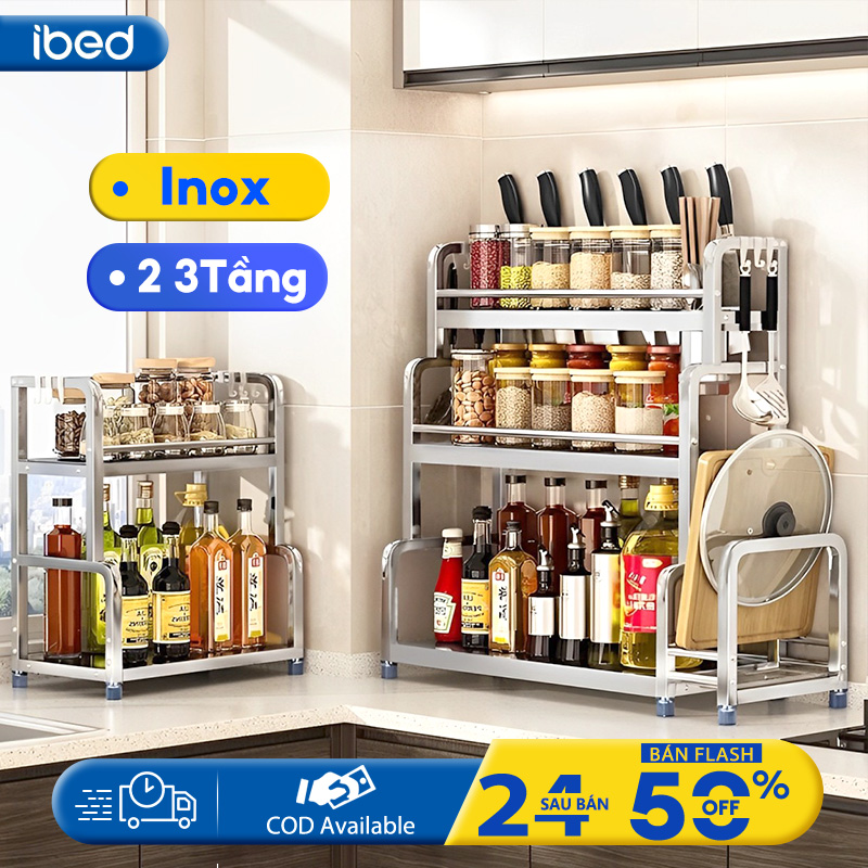 Ibed kệ gia vị inox 304 đặt kệ đựng gia vị 2/3 tầng, kệ hũ gia vị để bát đũa dao thớt