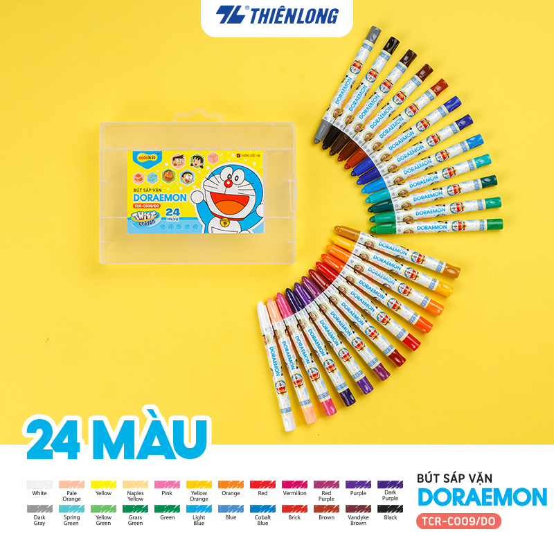 Bút sáp vặn 24 màu Doraemon Thiên Long Colokit màu tươi sáng, tiêu chuẩn Châu Âu, an toàn tô màu, vẽ tranh TCR-C009/DO