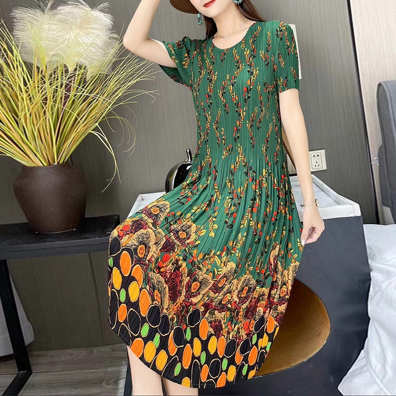 Sz- miyake xếp ly love đầm nữ mùa hè 2023 mới size lớn rời nhàu mỡ mm in hình đầm
