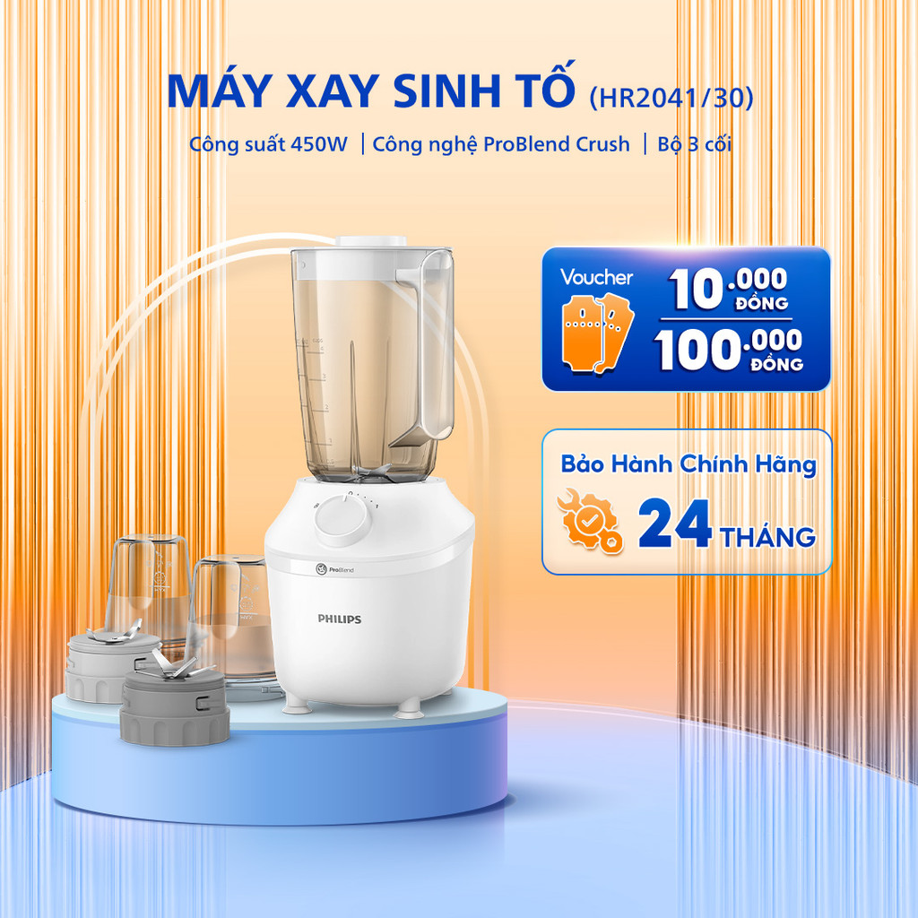 Máy Xay Sinh Tố Philips HR2041/30, Bộ 3 Cối Xay Tiện Lợi, Bảo Hành Chính Hãng 24 Tháng