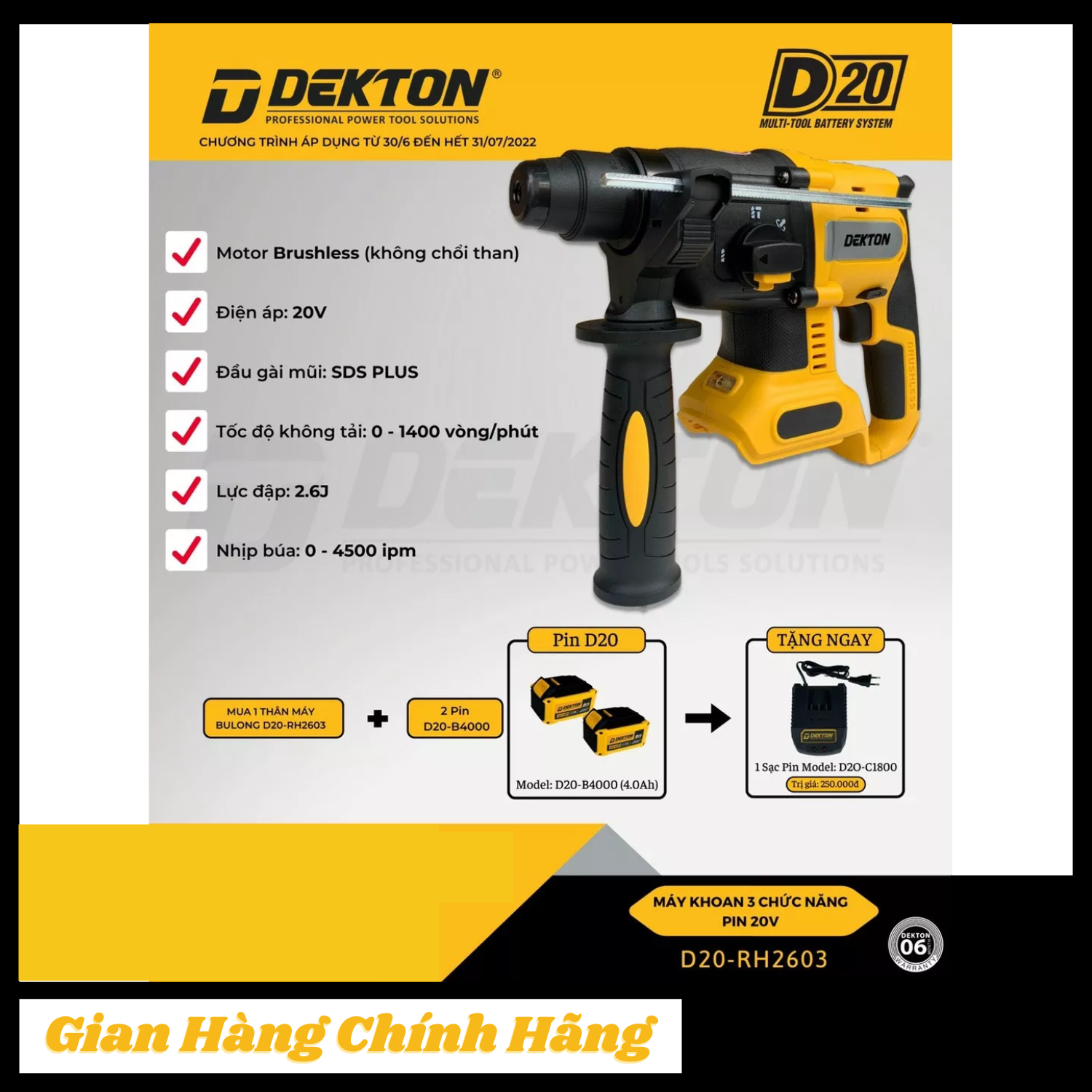 Máy khoan đục bê tông dekton d20-rh2603 chân pin dewalt