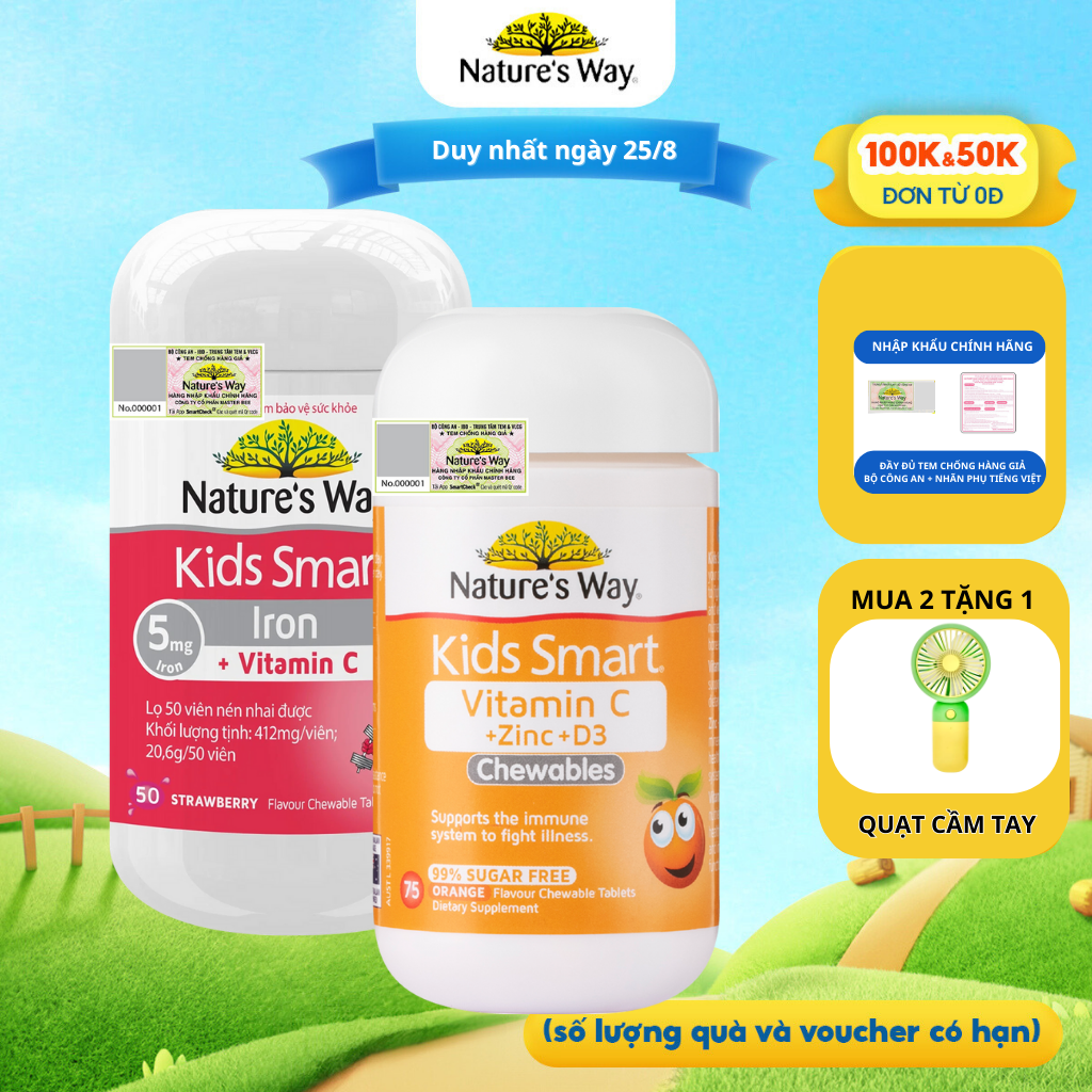 Combo Vitamin C+ZinC+D3 và Vitamin C+Iron bổ sung sắt, kẽm, vitamin c viên nhai hỗ trợ bé tăng đề kháng, chống ốm vặt