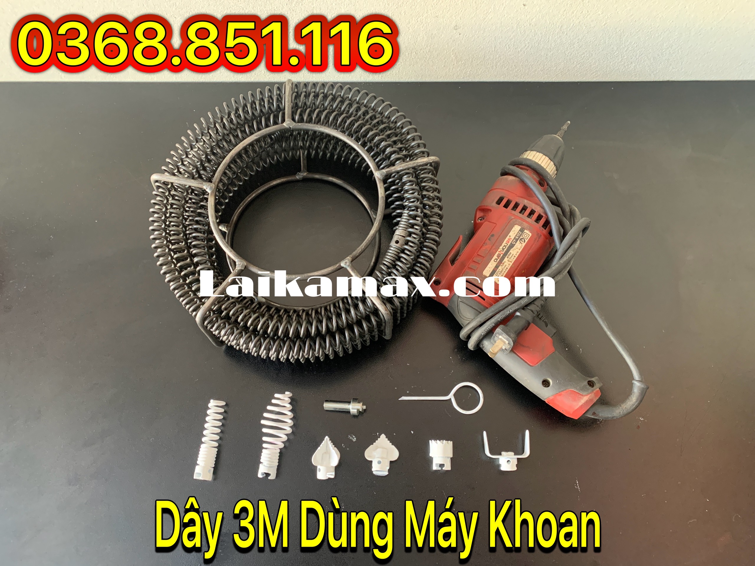 Dây thông tắc cống lò xo dùng máy khoan dài 3m + 6 đầu thông + kết nối máy khoan