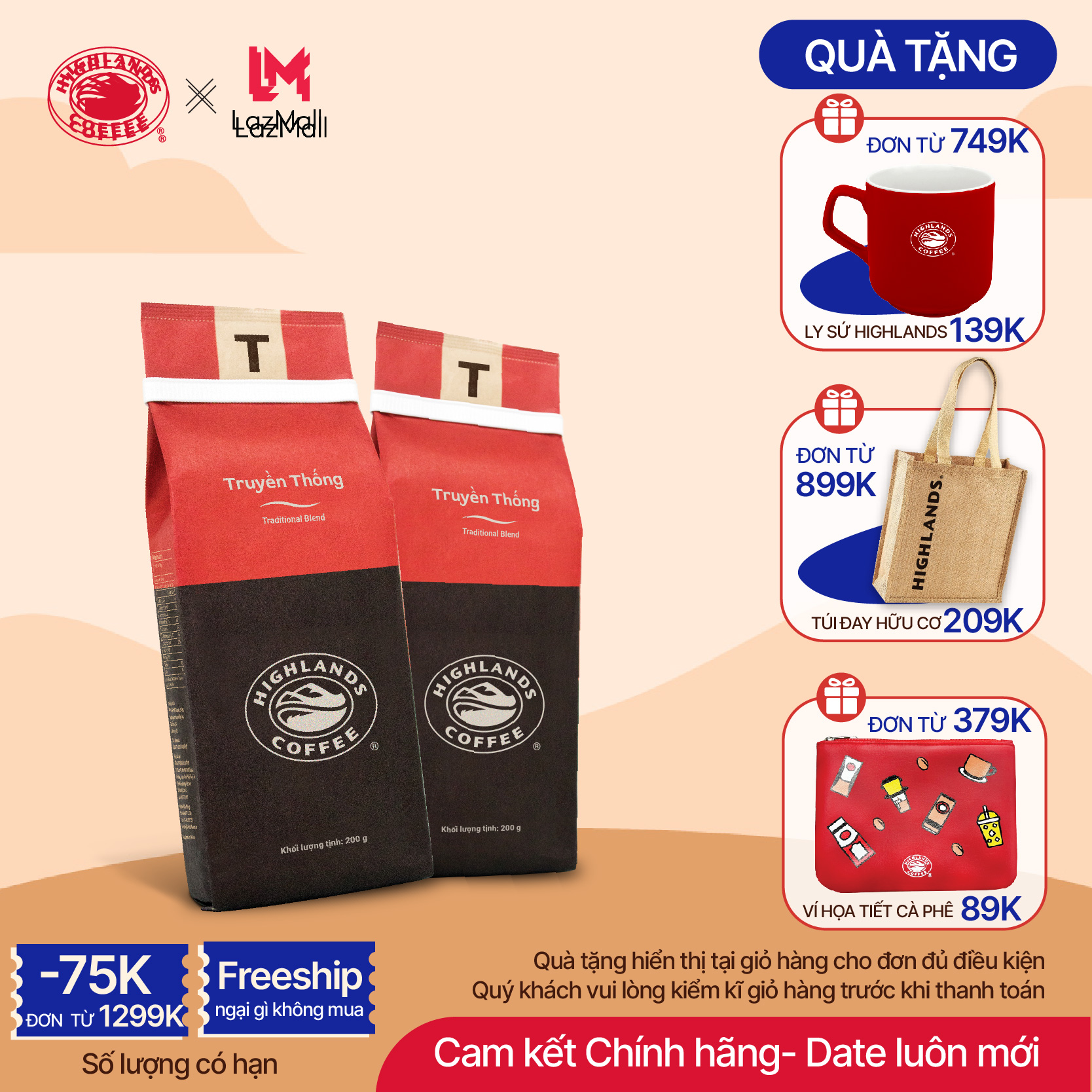 [DÙNG THỬ GIÁ ƯU ĐÃI] COMBO 2 gói Cà phê rang xay Truyền Thống Highlands Coffee 200g