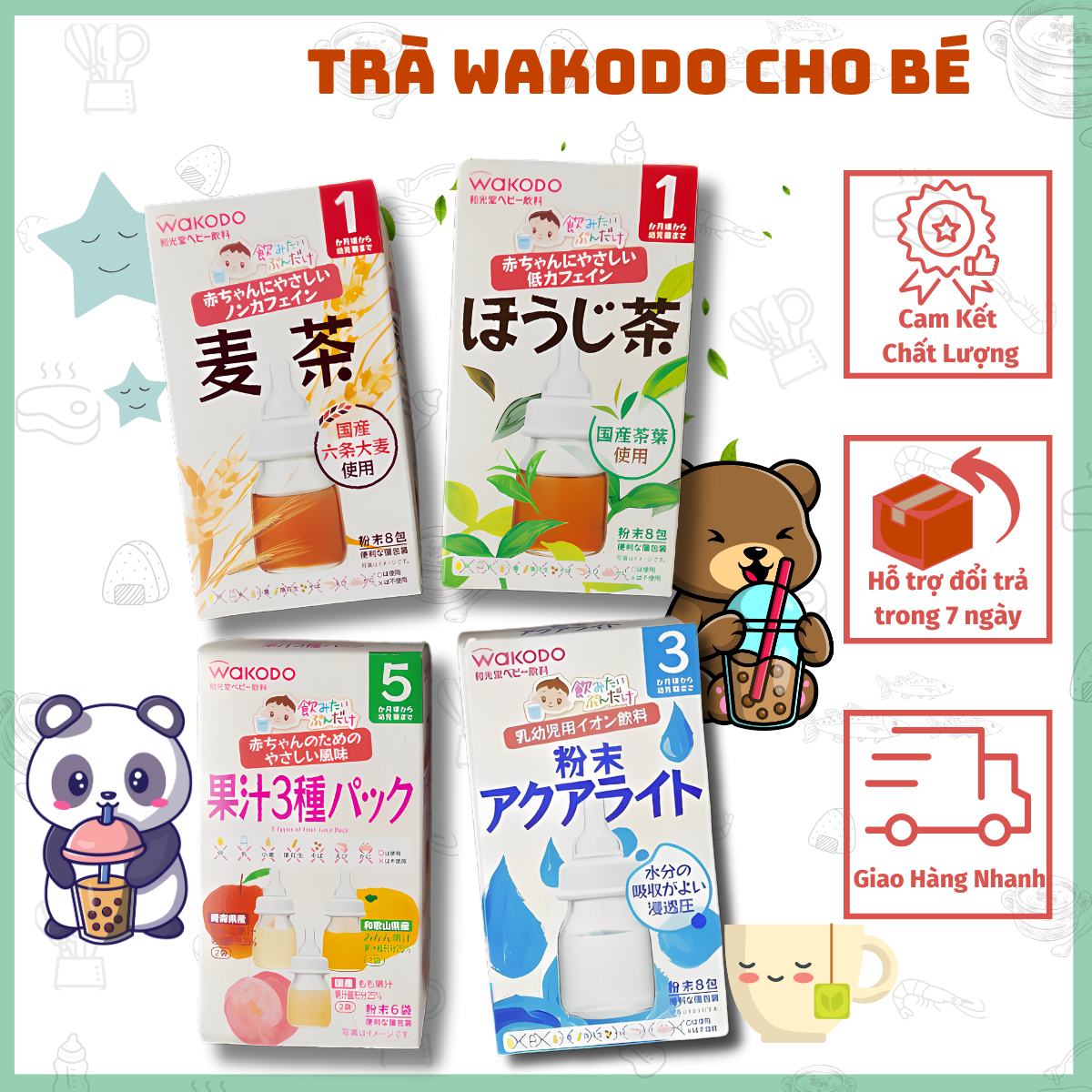 Trà Wakodo vị hoa quả 3 vị vị lúa mạch vị điện giải vị trà xanh cho bé từ 5 tháng tuổi Nhật Bản - Wakodo Tea