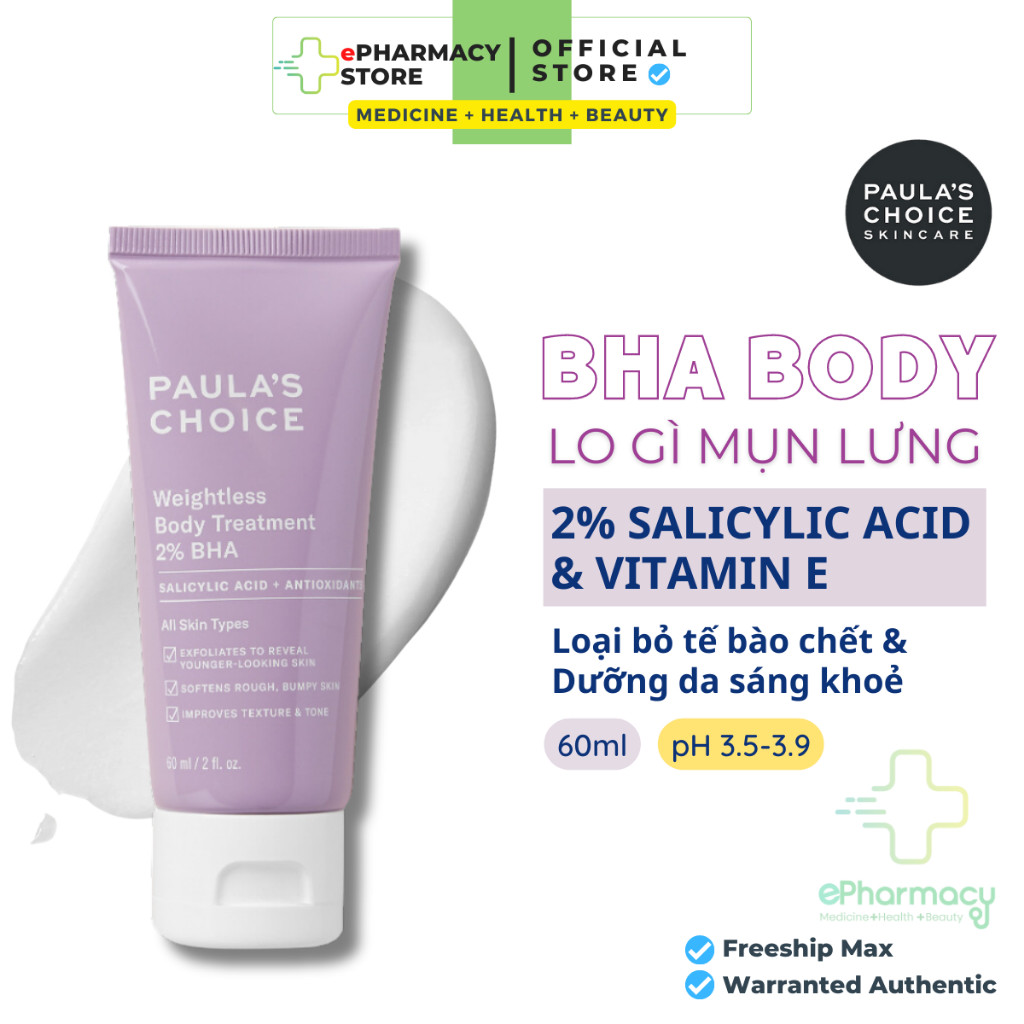 Paula's Choice BHA 2% Body Treatment mini - Kem dưỡng thể Paulas Choice BHA 2% Weightless Body Treatment 60ml