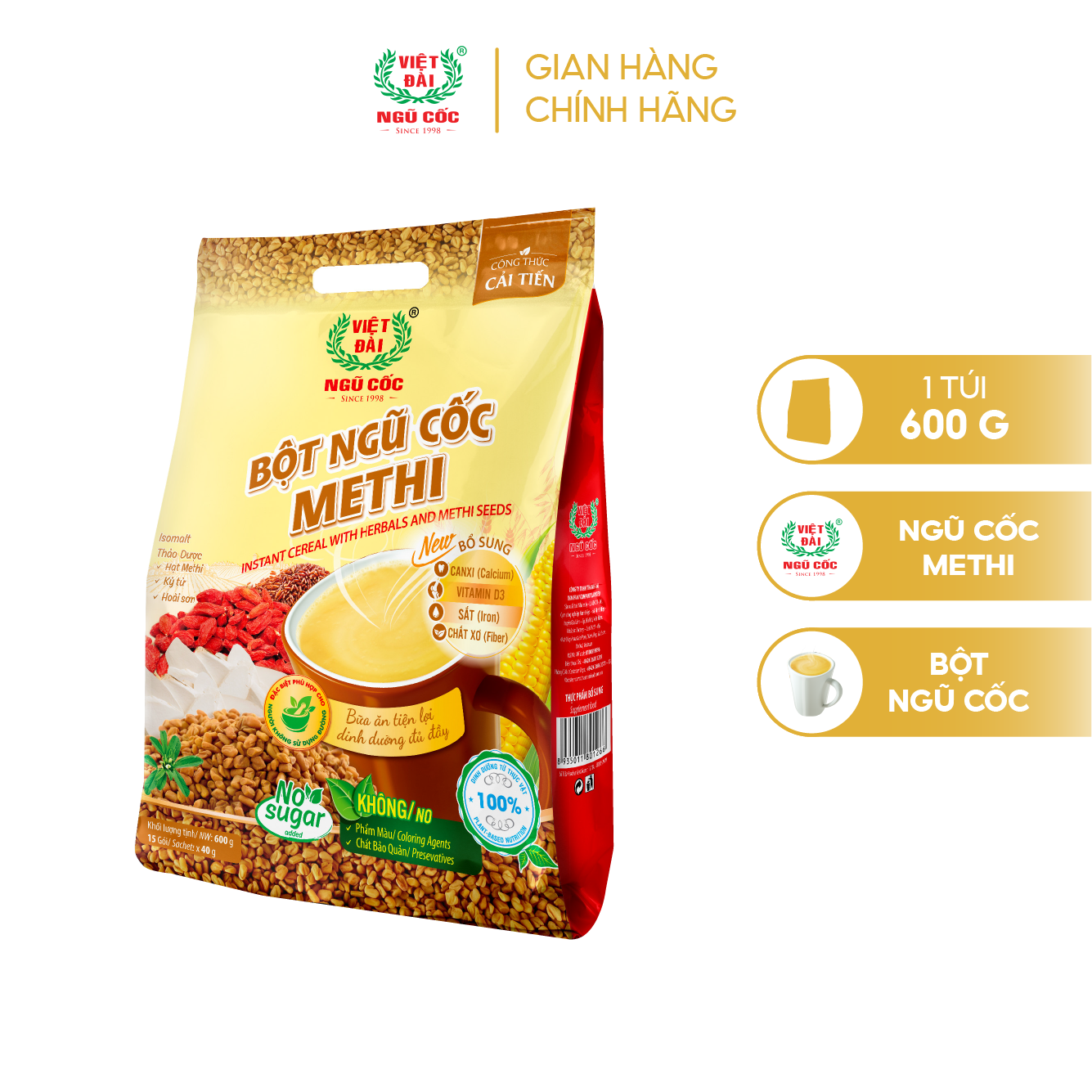 Bột Ngũ Cốc Methi VIỆT ĐÀI Túi 600g Không Đường Thích Hợp Dành Cho Người Giảm Cân Eat Clean