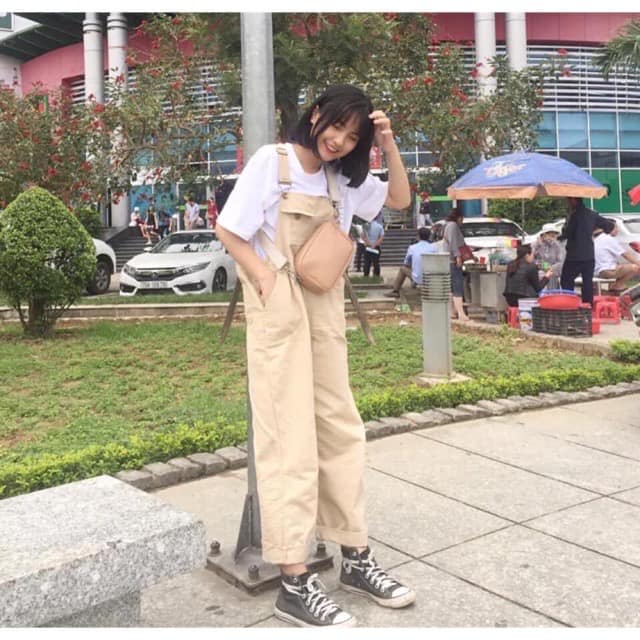Yếm quần kaki hàn quốc dài kèm áo phông trắng cực chất, phuongmart